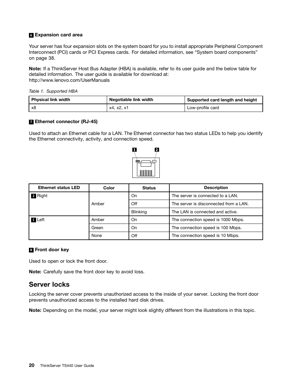 Server locks | Lenovo ThinkServer TS440 User Manual | Page 32 / 196