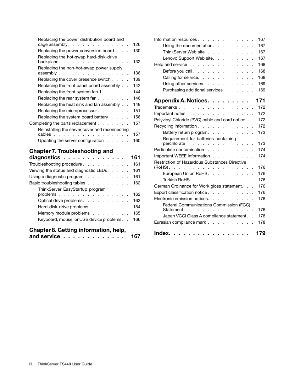 Chapter 7. troubleshooting and diagnostics, Chapter 8. getting information, help, and service, Appendix a. notices | Index | Lenovo ThinkServer TS440 User Manual | Page 4 / 196
