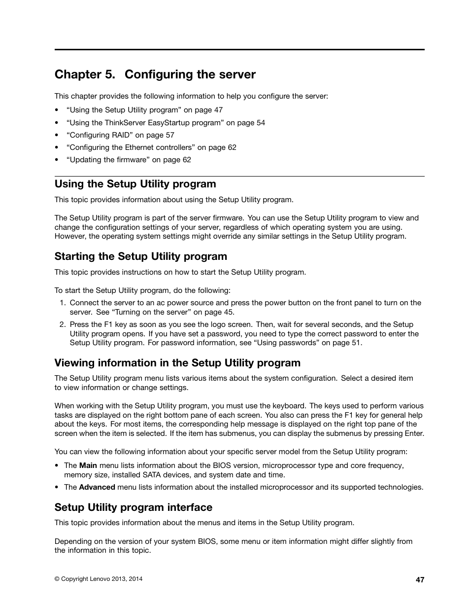 Chapter 5. configuring the server, Using the setup utility program, Starting the setup utility program | Viewing information in the setup utility program, Setup utility program interface | Lenovo ThinkServer TS440 User Manual | Page 59 / 196