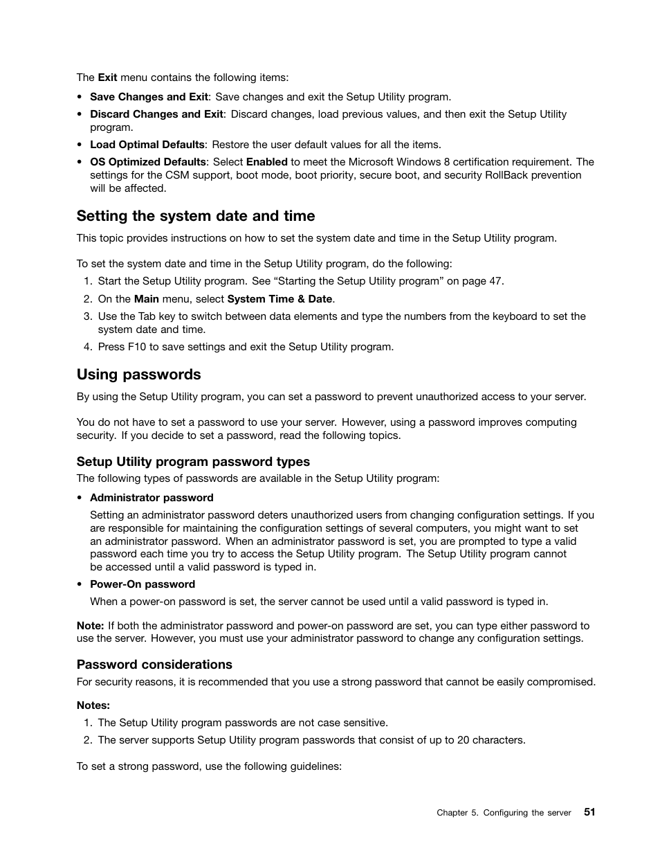 Setting the system date and time, Using passwords | Lenovo ThinkServer TS440 User Manual | Page 63 / 196
