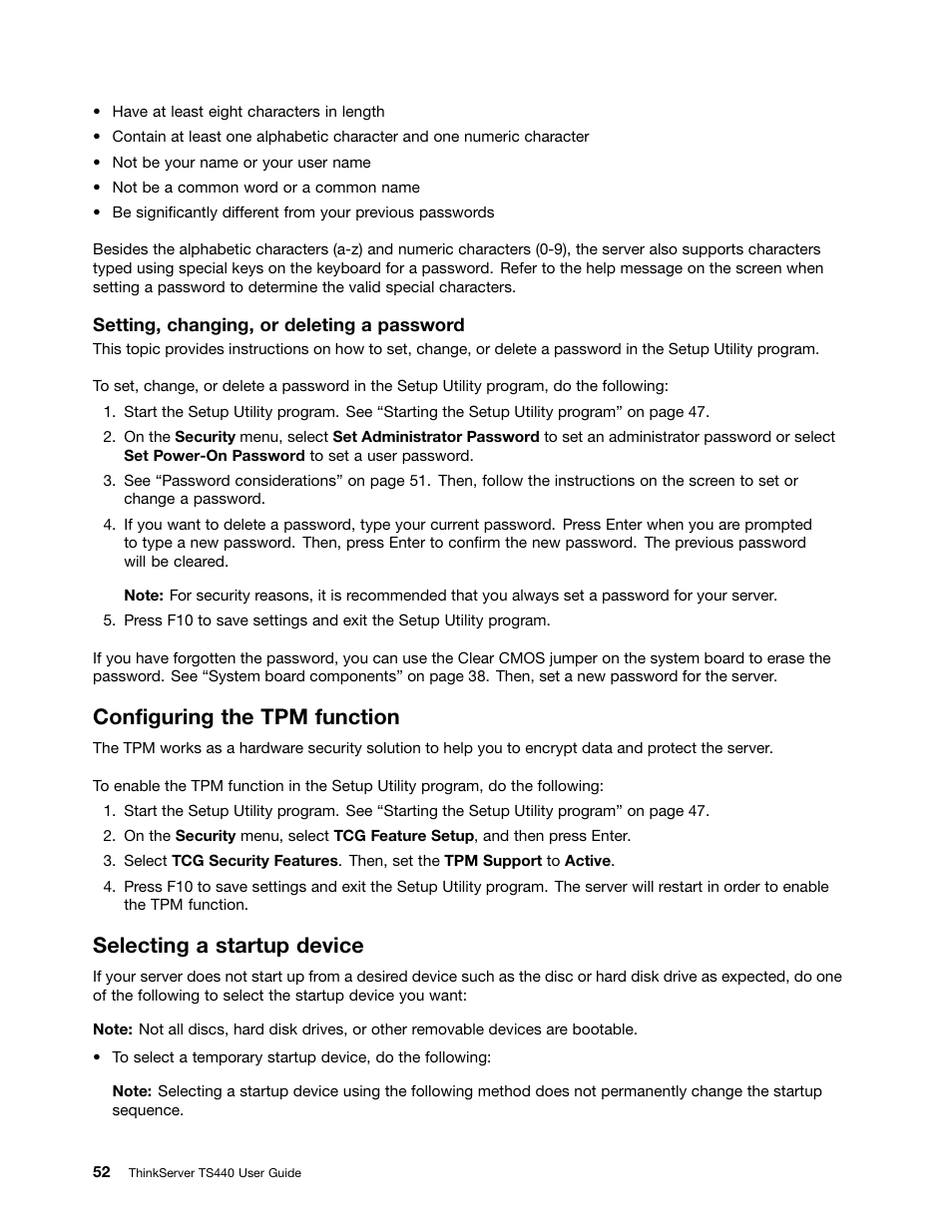 Configuring the tpm function, Selecting a startup device | Lenovo ThinkServer TS440 User Manual | Page 64 / 196