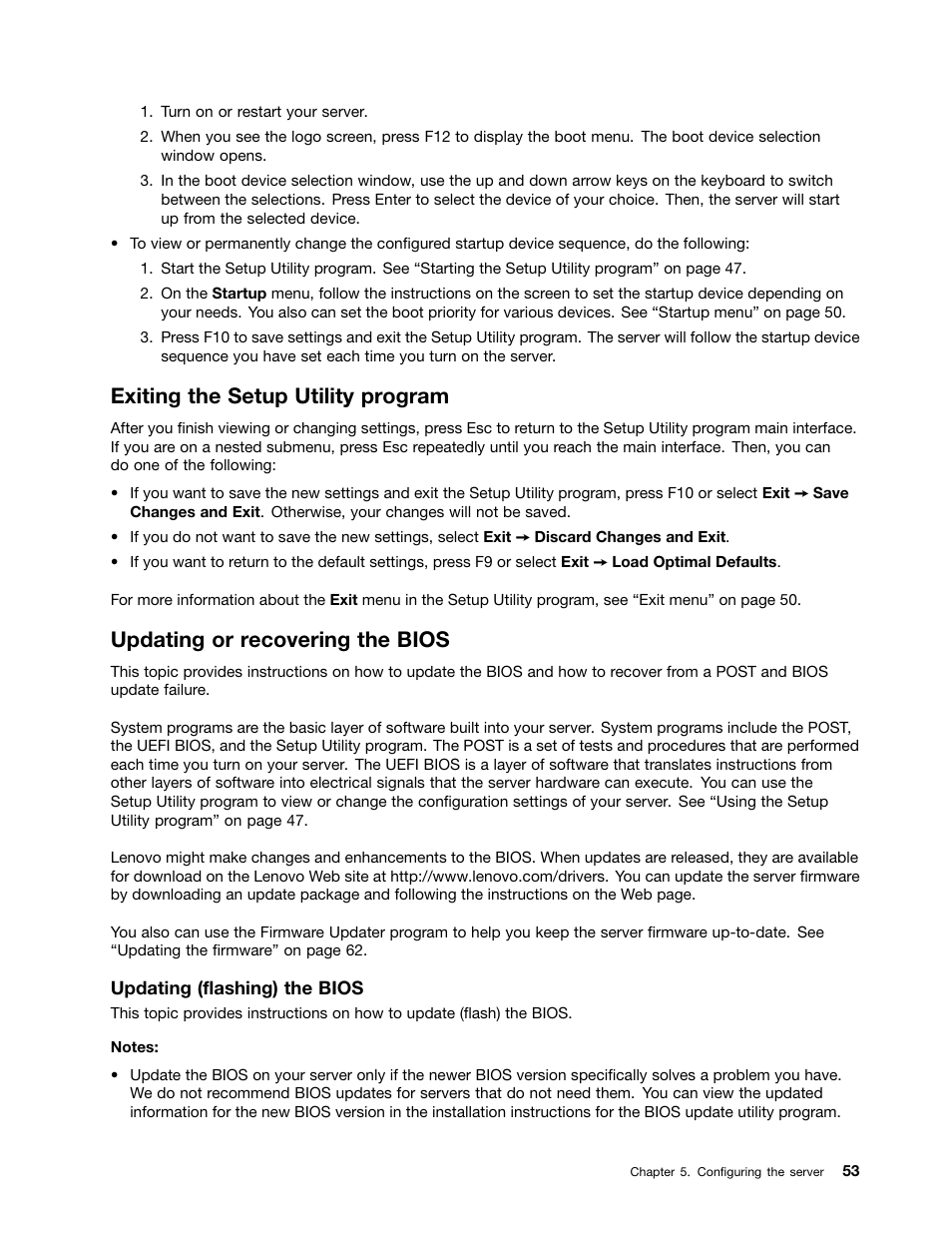 Exiting the setup utility program, Updating or recovering the bios | Lenovo ThinkServer TS440 User Manual | Page 65 / 196
