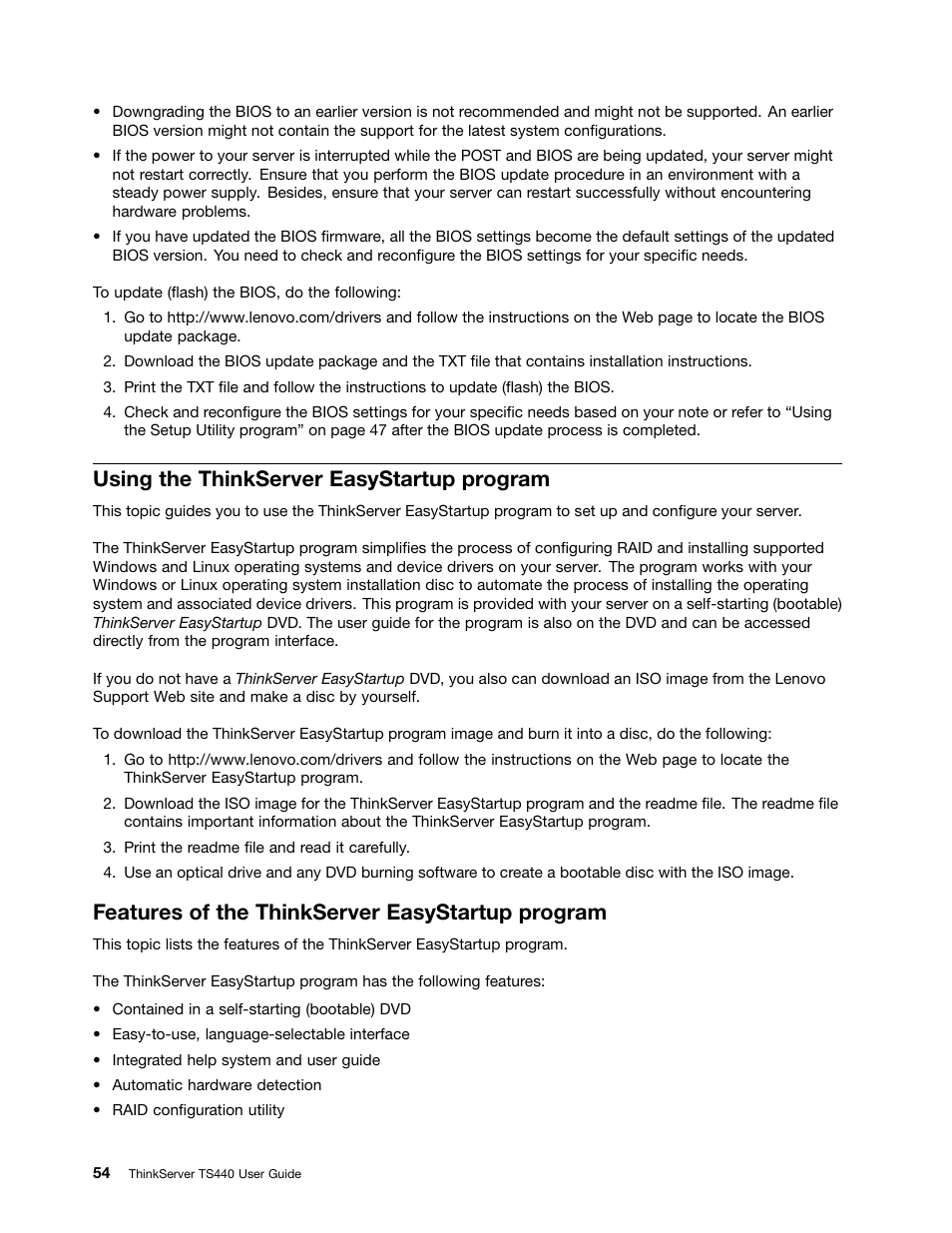 Using the thinkserver easystartup program, Features of the thinkserver easystartup program, Using the thinkserver | Lenovo ThinkServer TS440 User Manual | Page 66 / 196