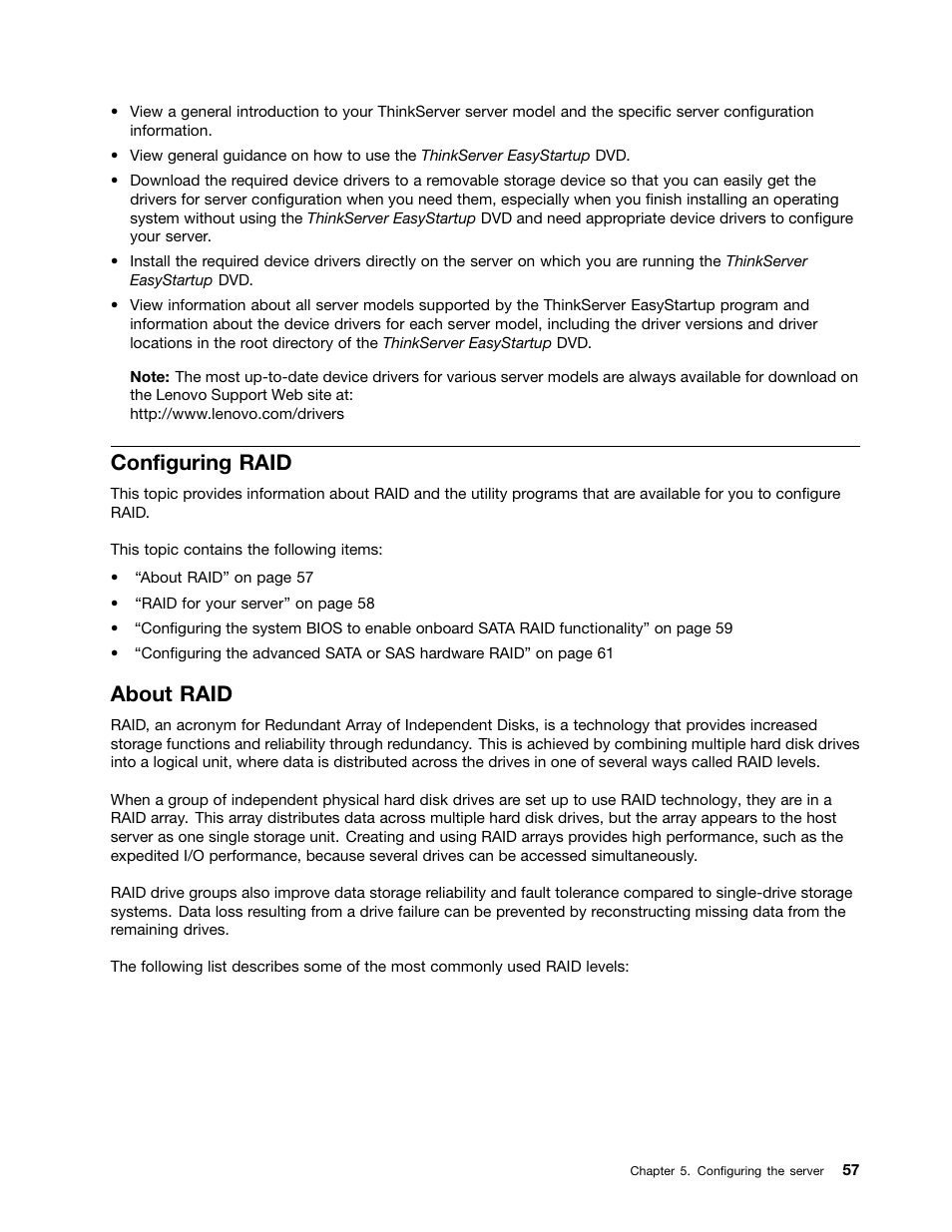 Configuring raid, About raid | Lenovo ThinkServer TS440 User Manual | Page 69 / 196