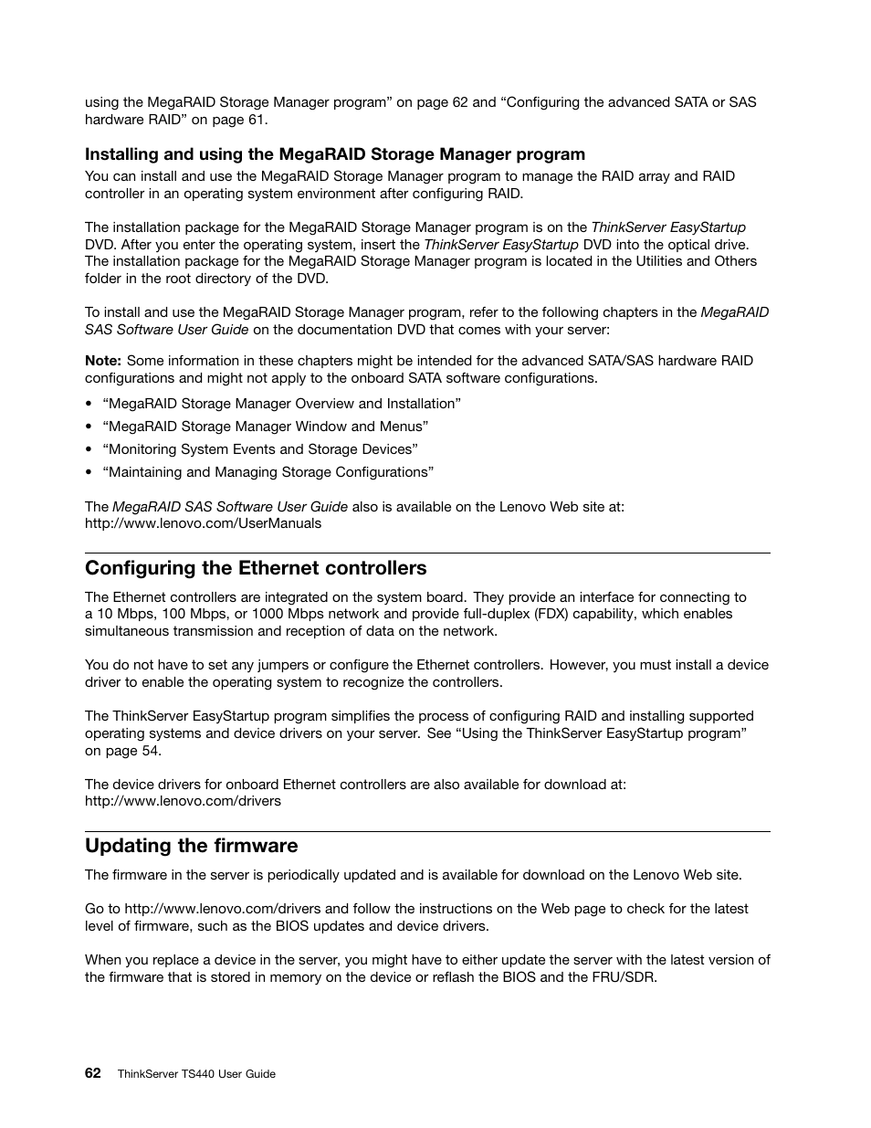 Configuring the ethernet controllers, Updating the firmware, Installing and | Lenovo ThinkServer TS440 User Manual | Page 74 / 196