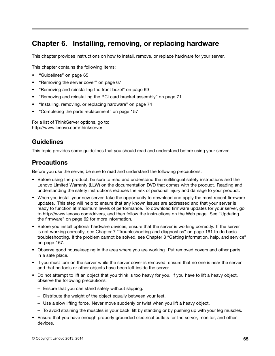 Guidelines, Precautions, Chapter 6 “installing, removing | Lenovo ThinkServer TS440 User Manual | Page 77 / 196