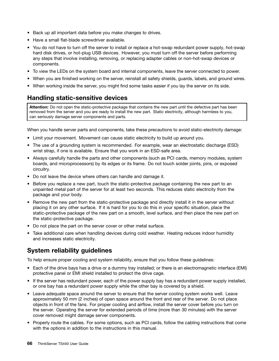 Handling static-sensitive devices, System reliability guidelines | Lenovo ThinkServer TS440 User Manual | Page 78 / 196