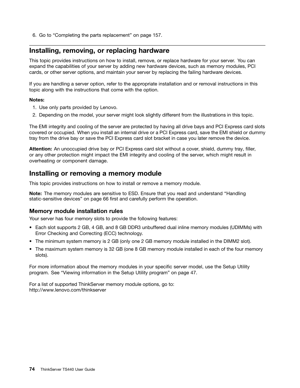 Installing, removing, or replacing hardware, Installing or removing a memory module | Lenovo ThinkServer TS440 User Manual | Page 86 / 196