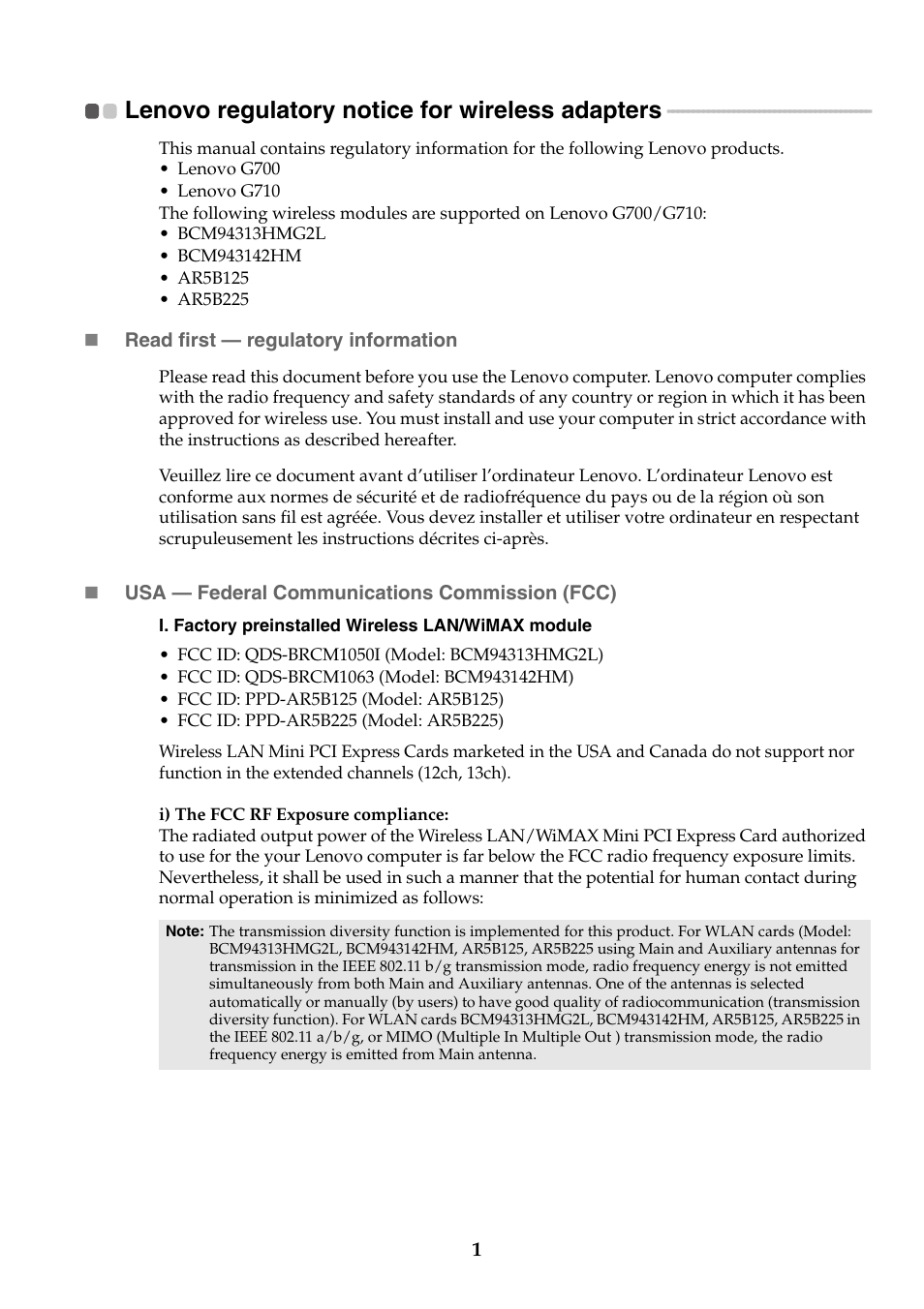 Lenovo regulatory notice for wireless adapters | Lenovo G700 Notebook User Manual | Page 2 / 6