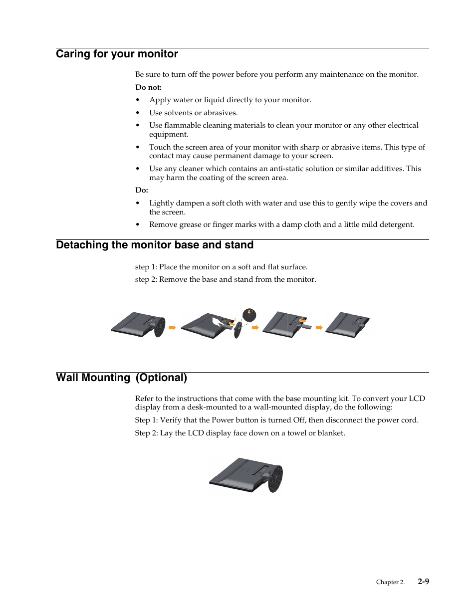 Caring for your monitor, Detaching the monitor base and stand, Wall mounting (optional) | Caring for your monitor -9, Detaching the monitor base and stand -9, Wall mounting | Lenovo L2364 Wide Flat Panel Monitor User Manual | Page 20 / 32