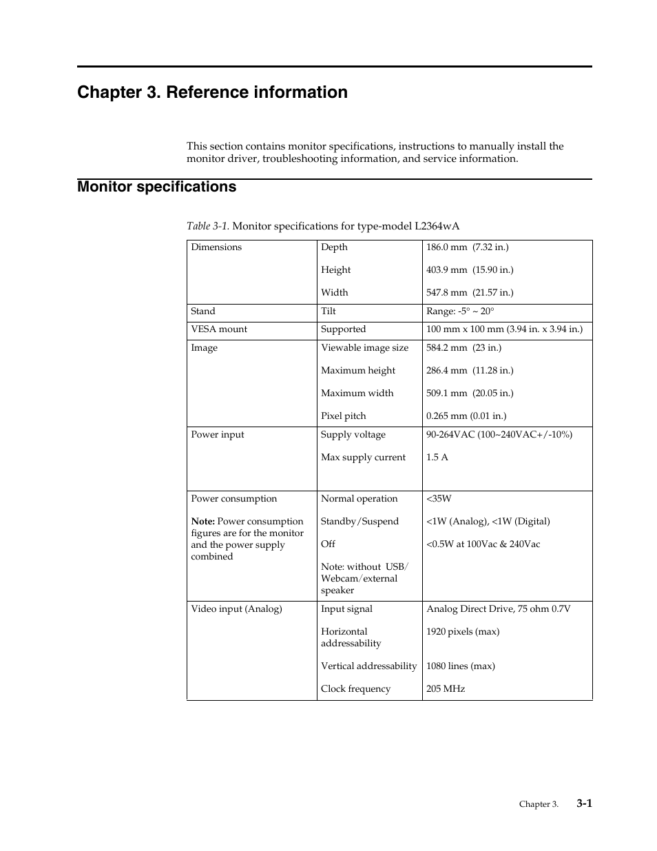 Chapter 3. reference information, Monitor specifications, Chapter 3 | Refe, Monitor specifications -1 | Lenovo L2364 Wide Flat Panel Monitor User Manual | Page 22 / 32