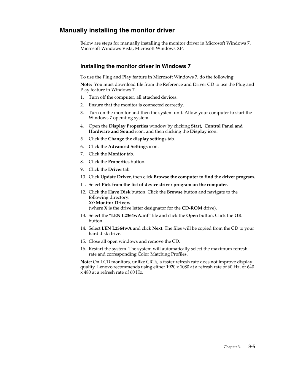 Manually installing the monitor driver, Installing the monitor driver in windows 7, Manually installing the monitor driver -5 | Installing the monitor driver in windows 7 -5 | Lenovo L2364 Wide Flat Panel Monitor User Manual | Page 26 / 32