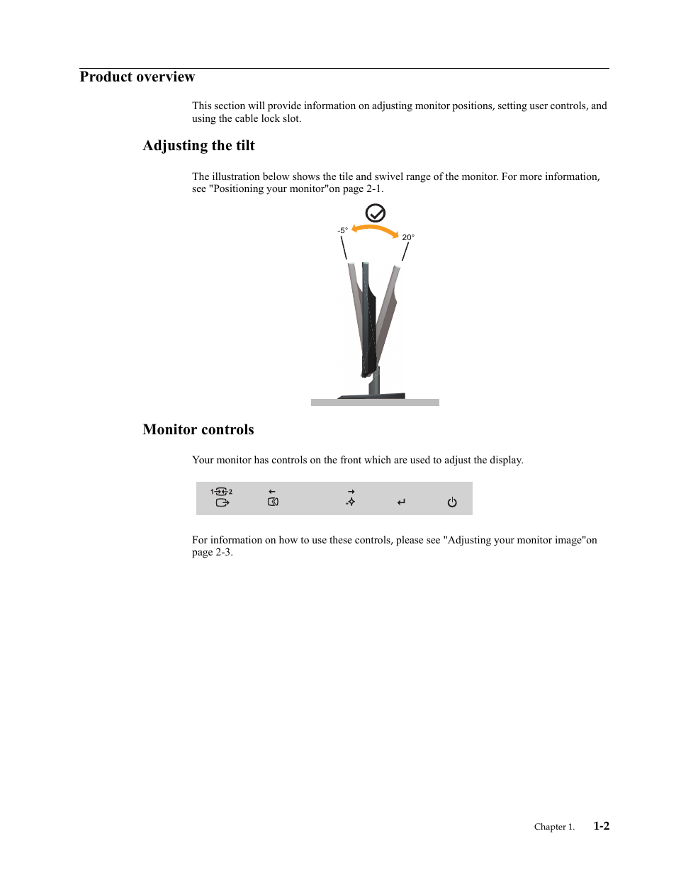 Product overview, Adjusting the tilt, Monitor controls | Product overview -2, Adjusting the tilt -2, Monitor controls -2 | Lenovo L2364 Wide Flat Panel Monitor User Manual | Page 6 / 32