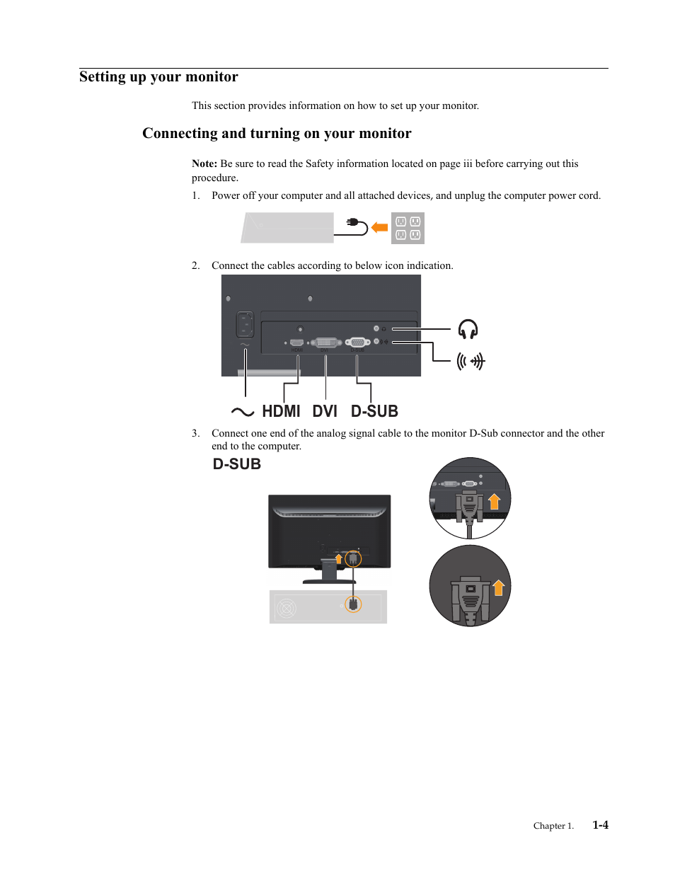 Setting up your monitor, Connecting and turning on your monitor, Setting up your monitor -4 | Connecting and turning on your monitor -4, D-sub hdmi dvi, D-sub | Lenovo L2364 Wide Flat Panel Monitor User Manual | Page 8 / 32