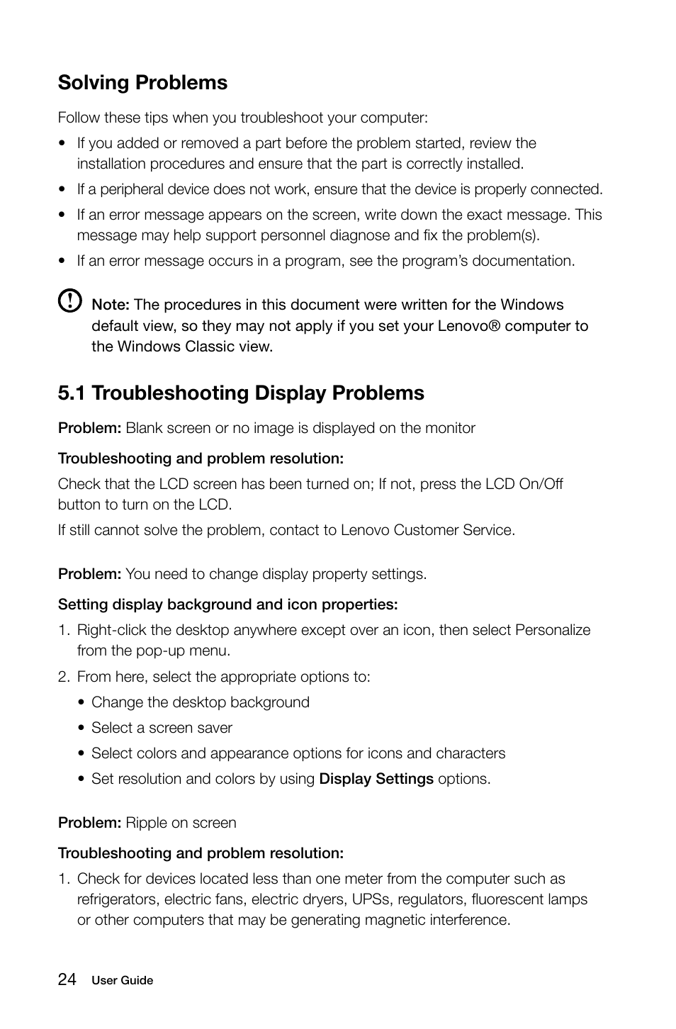 1 troubleshooting display problems, Solving problems | Lenovo C200 All-In-One User Manual | Page 29 / 33