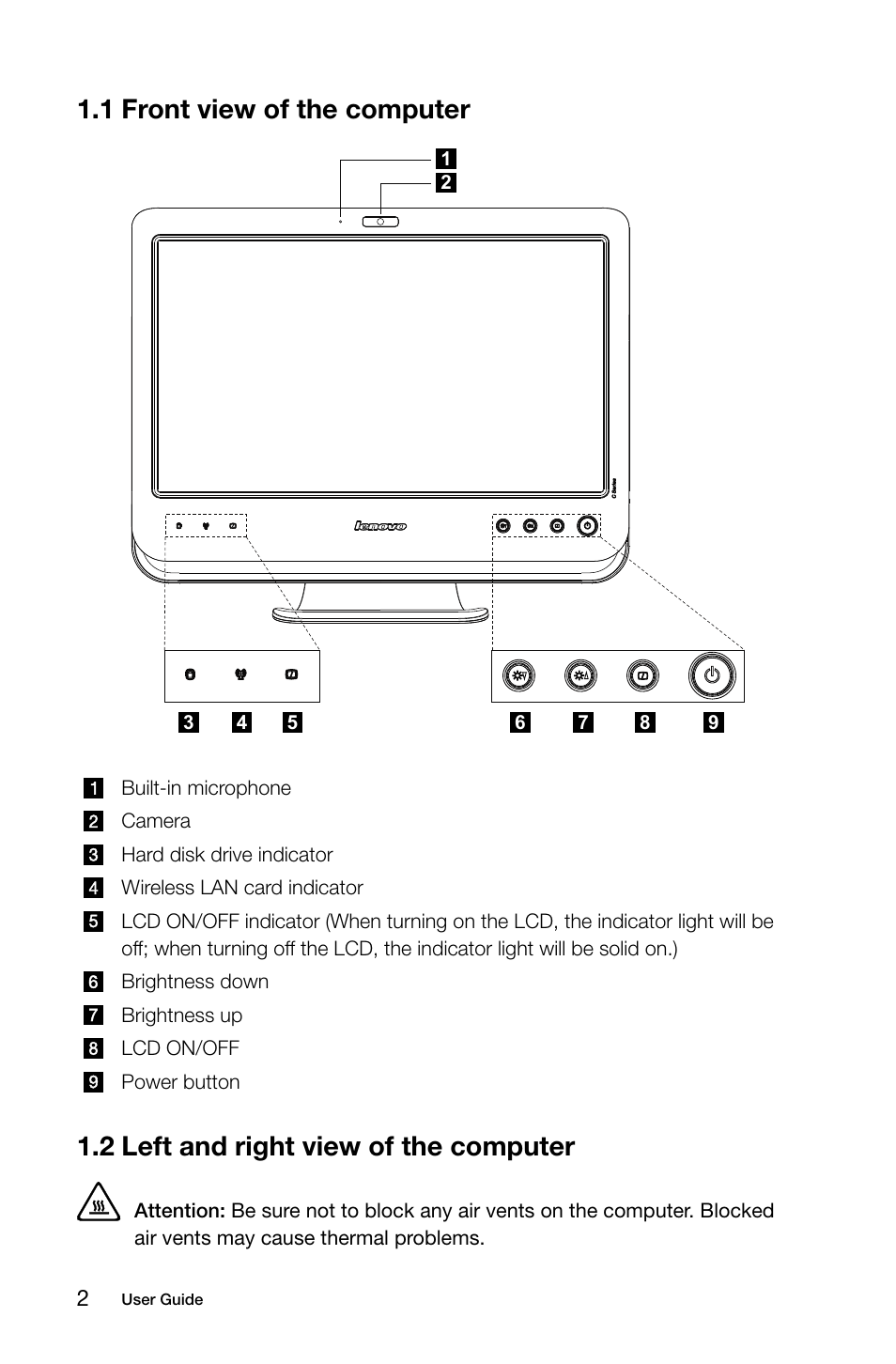 1 front view of the computer, 2 left and right view of the computer | Lenovo C200 All-In-One User Manual | Page 7 / 33