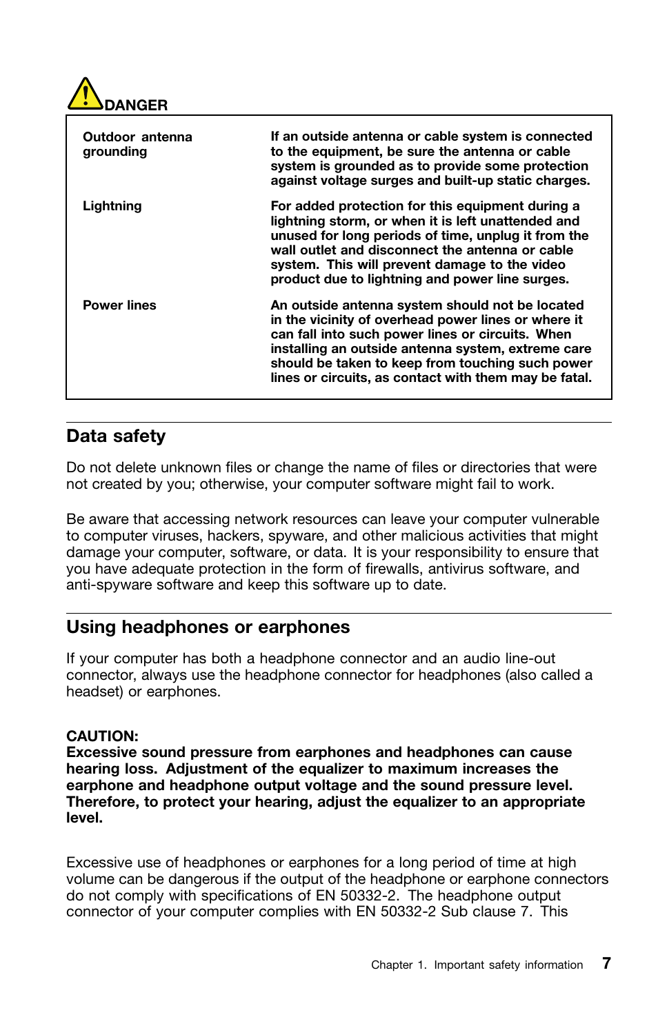 Data safety, Using headphones or earphones | Lenovo ThinkCentre M82 User Manual | Page 11 / 230