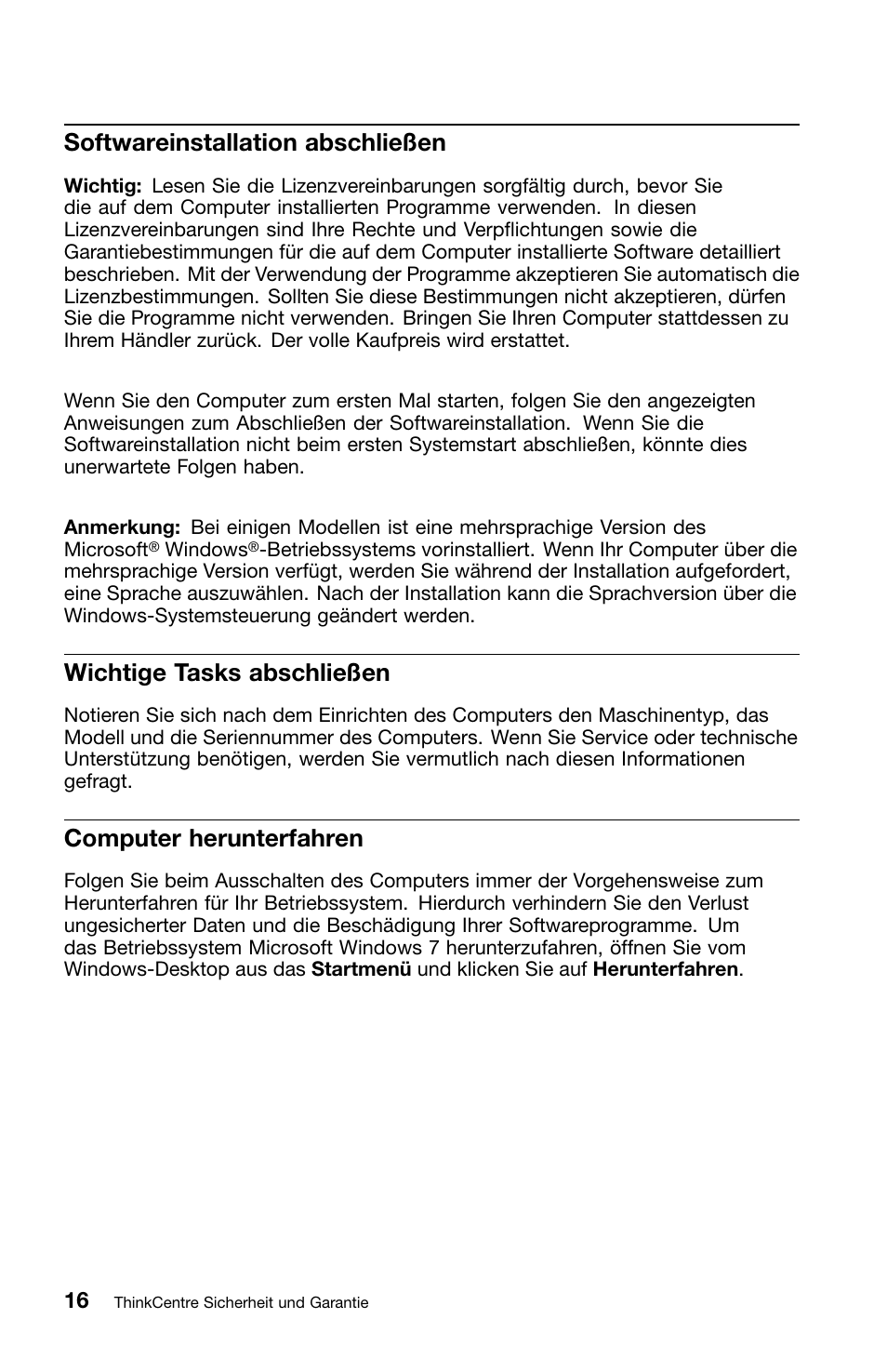 Softwareinstallation abschließen, Wichtige tasks abschließen, Computer herunterfahren | Lenovo ThinkCentre M82 User Manual | Page 110 / 230