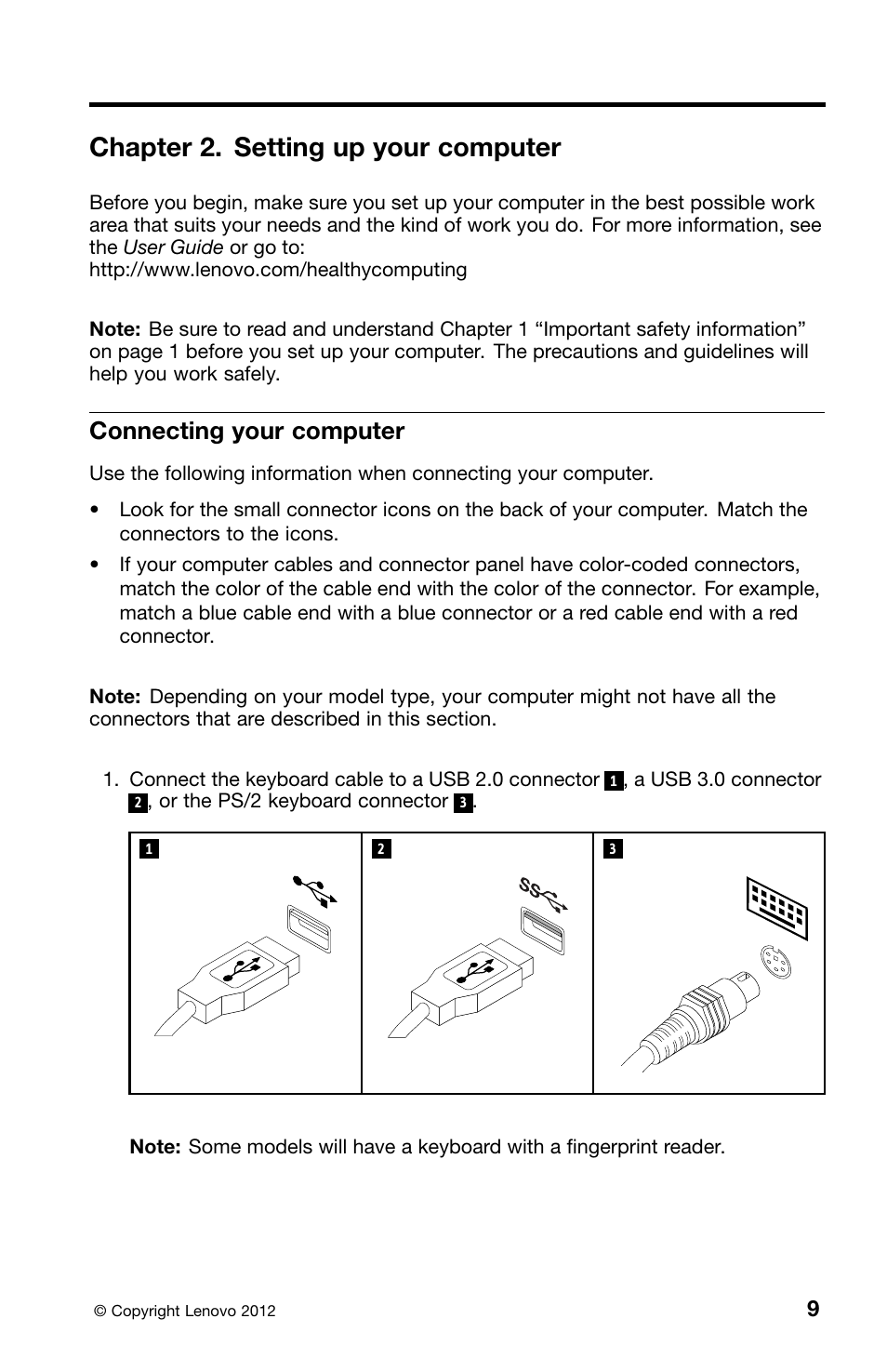 Chapter 2. setting up your computer, Connecting your computer | Lenovo ThinkCentre M82 User Manual | Page 13 / 230