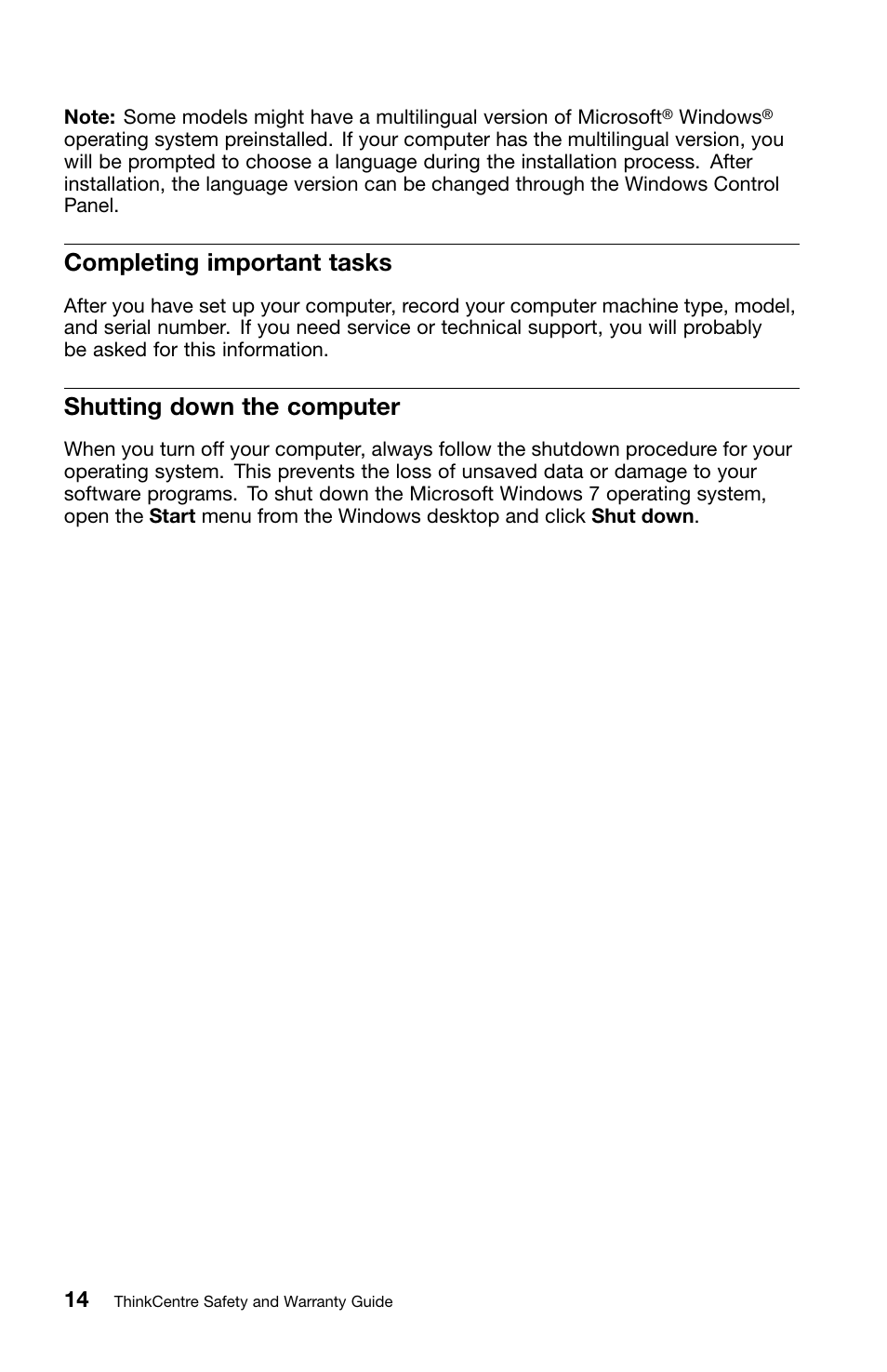 Completing important tasks, Shutting down the computer | Lenovo ThinkCentre M82 User Manual | Page 18 / 230