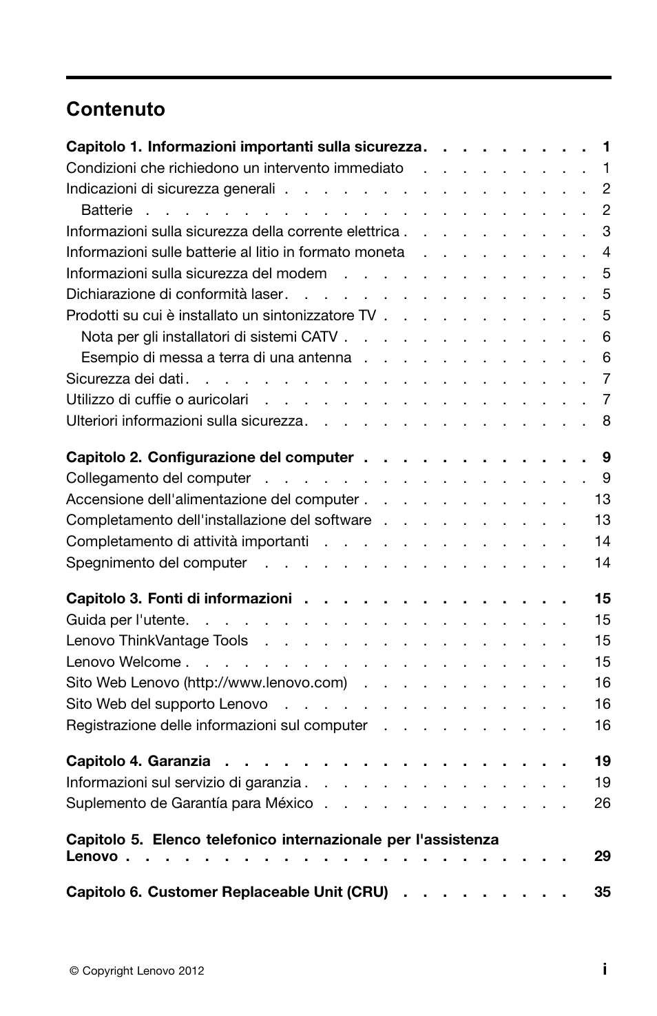 Italian, Contenuto | Lenovo ThinkCentre M82 User Manual | Page 185 / 230