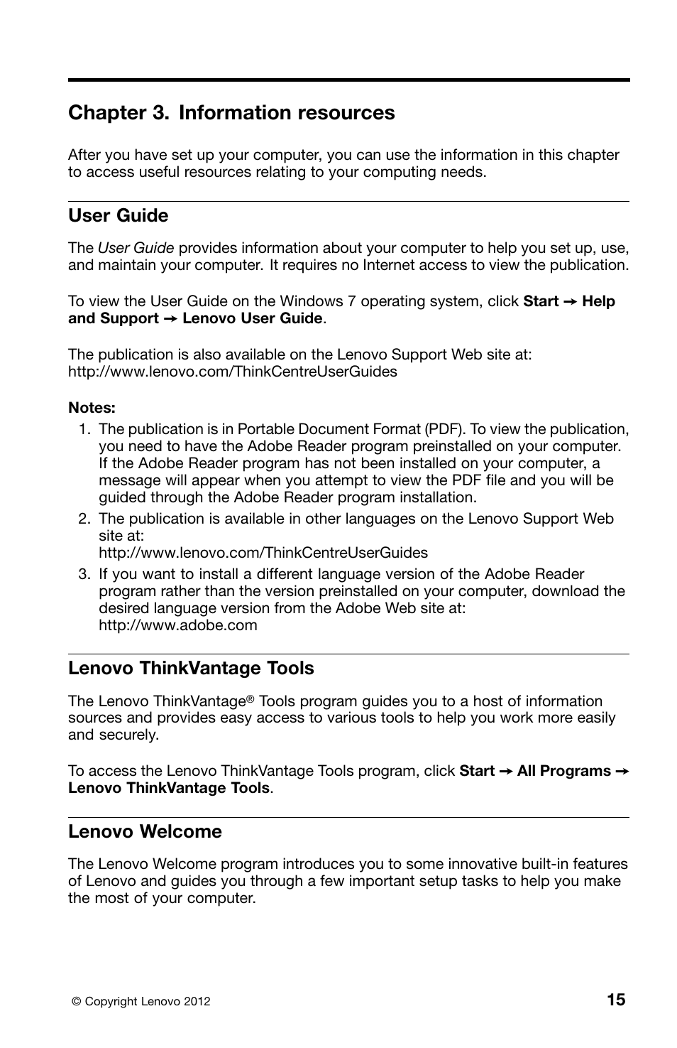 Chapter 3. information resources, User guide, Lenovo thinkvantage tools | Lenovo welcome | Lenovo ThinkCentre M82 User Manual | Page 19 / 230