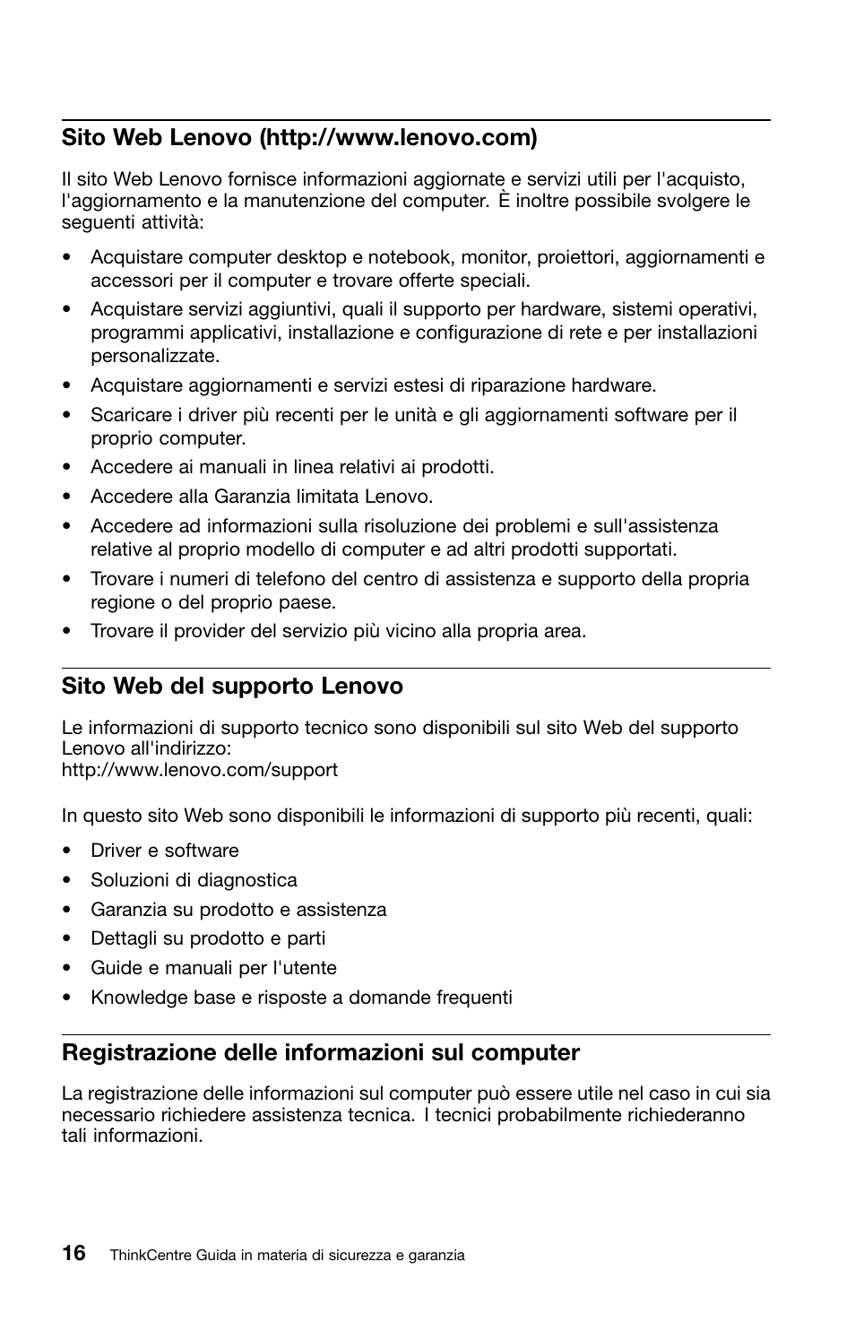Sito web lenovo (http://www.lenovo.com), Sito web del supporto lenovo, Registrazione delle informazioni sul computer | Lenovo ThinkCentre M82 User Manual | Page 202 / 230