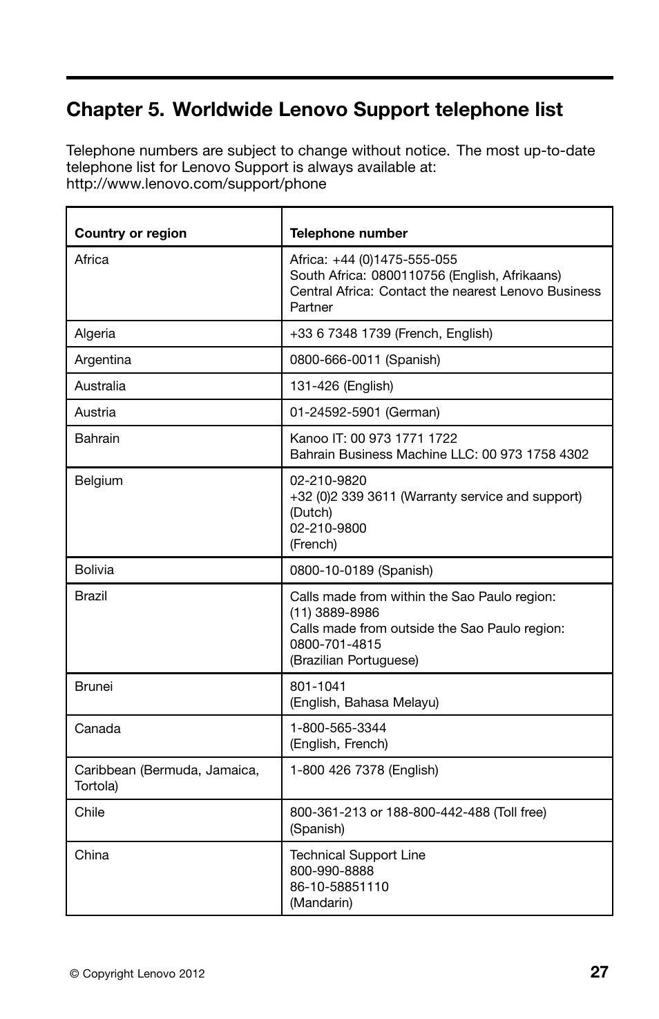 Chapter 5. worldwide lenovo support telephone list | Lenovo ThinkCentre M82 User Manual | Page 31 / 230