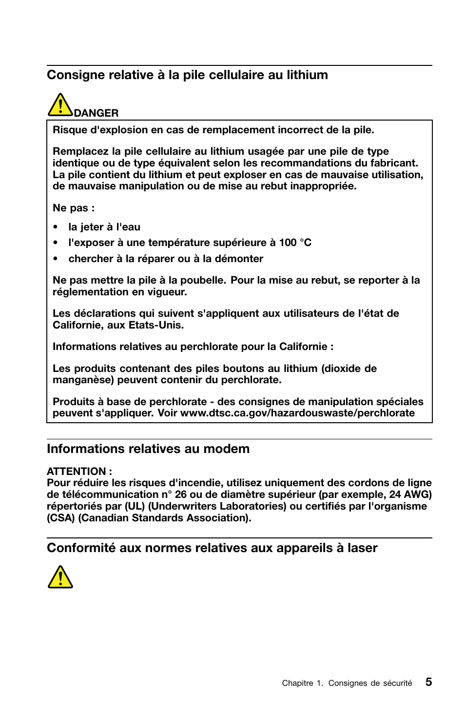 Consigne relative à la pile cellulaire au lithium, Informations relatives au modem | Lenovo ThinkCentre M82 User Manual | Page 51 / 230