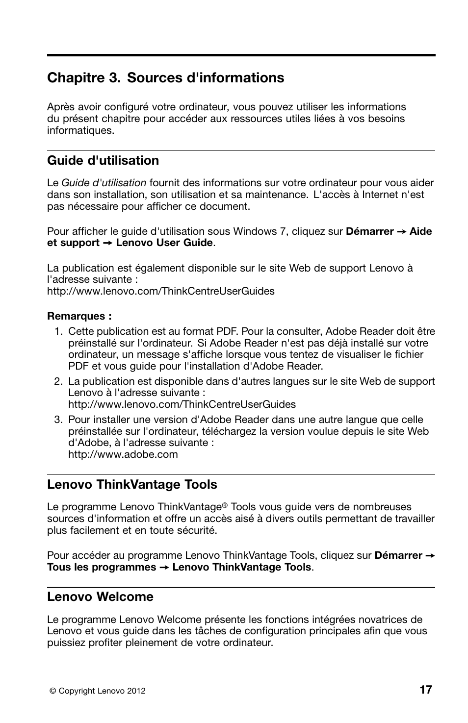 Chapitre 3. sources d'informations, Guide d'utilisation, Lenovo thinkvantage tools | Lenovo welcome | Lenovo ThinkCentre M82 User Manual | Page 63 / 230