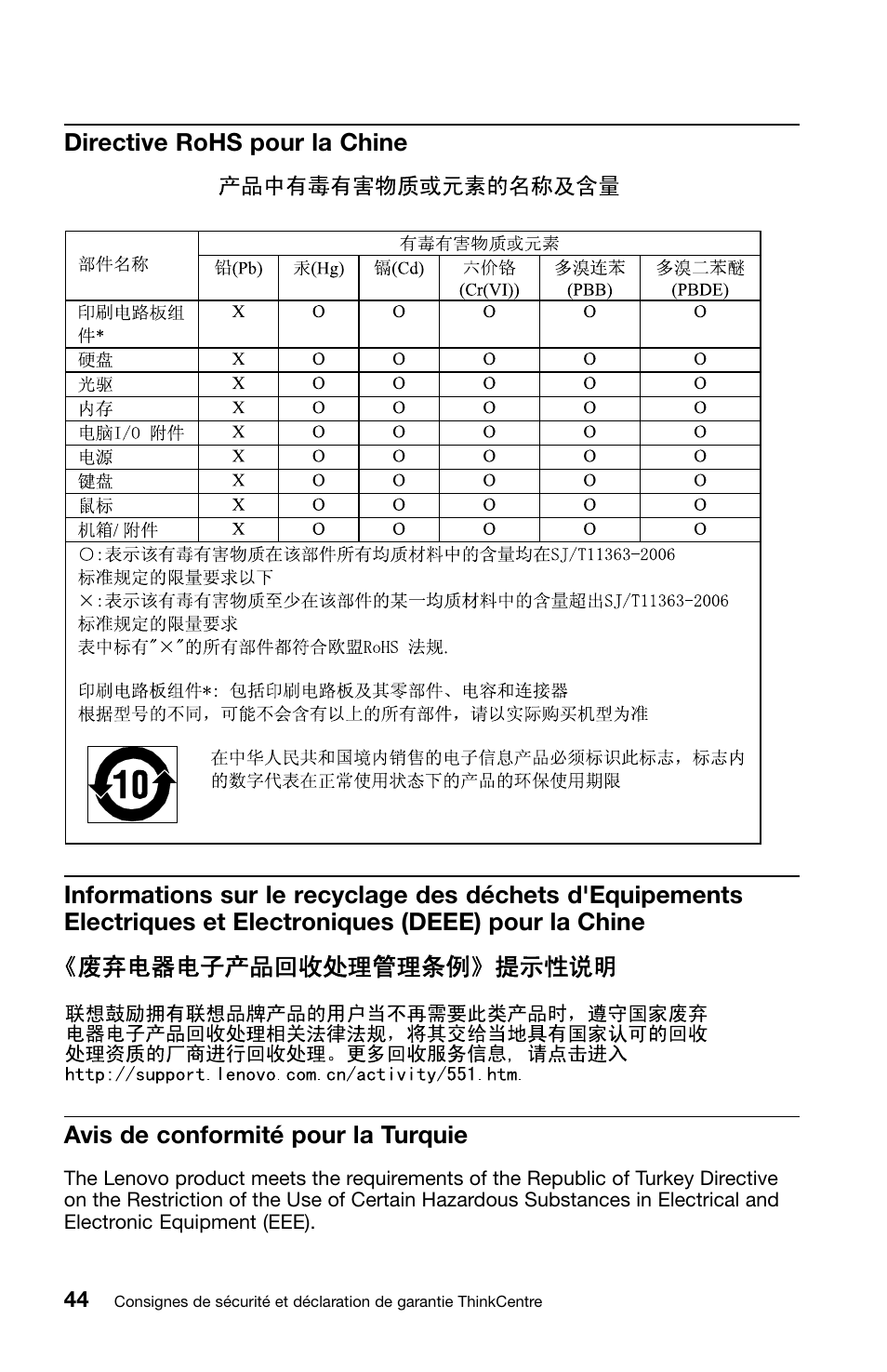 Directive rohs pour la chine, Avis de conformité pour la turquie | Lenovo ThinkCentre M82 User Manual | Page 90 / 230
