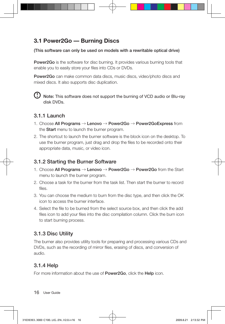 1 power2go — burning discs, 1 launch, 2 starting the burner software | 3 disc utility, 4 help | Lenovo 3000 C100 All-In-One User Manual | Page 21 / 33