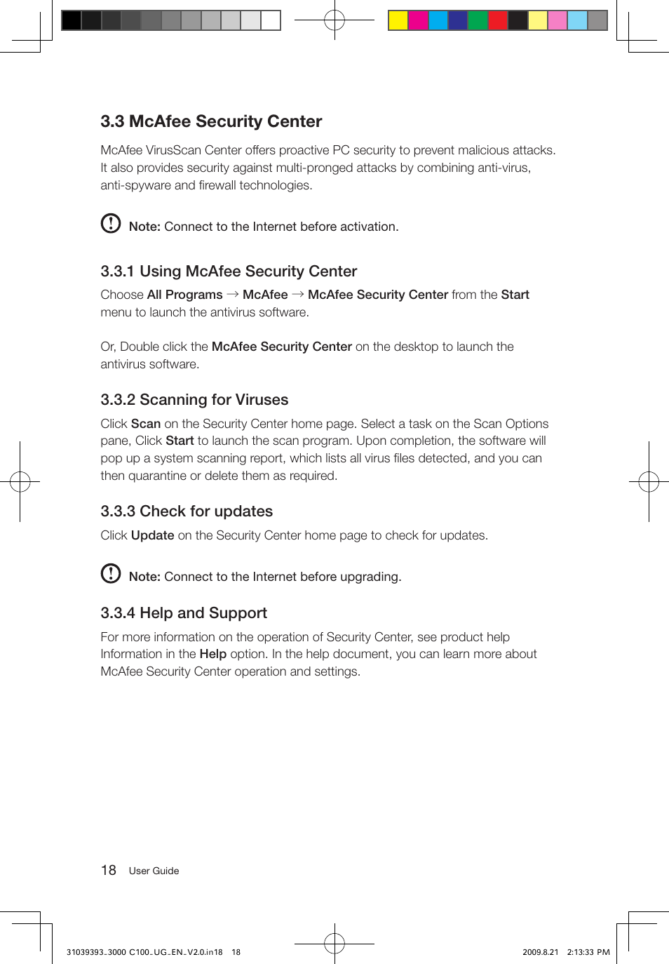 3 mcafee security center, 1 using mcafee security center, 2 scanning for viruses | 3 check for updates, 4 help and support | Lenovo 3000 C100 All-In-One User Manual | Page 23 / 33