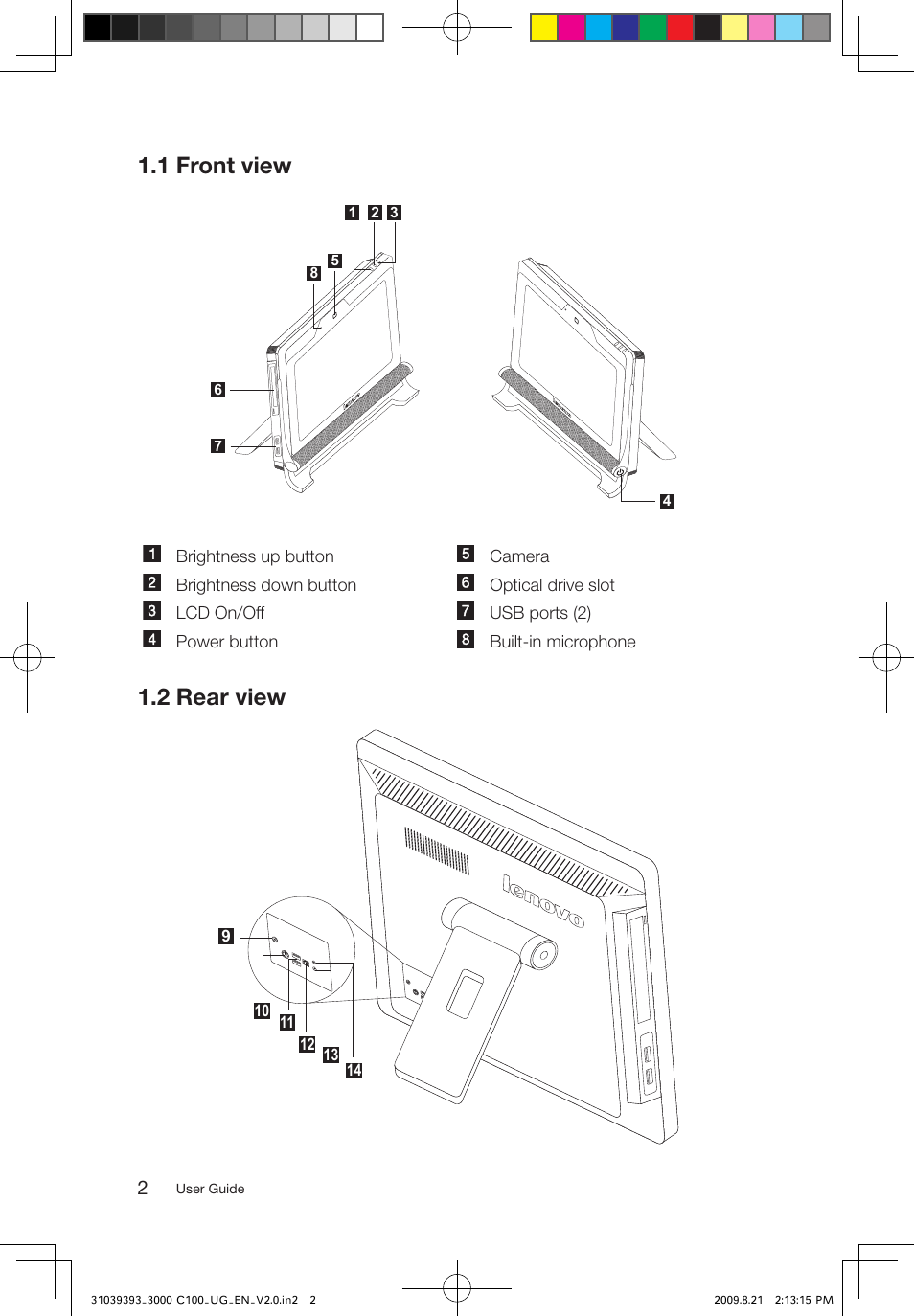 1 front view, 2 rear view | Lenovo 3000 C100 All-In-One User Manual | Page 7 / 33