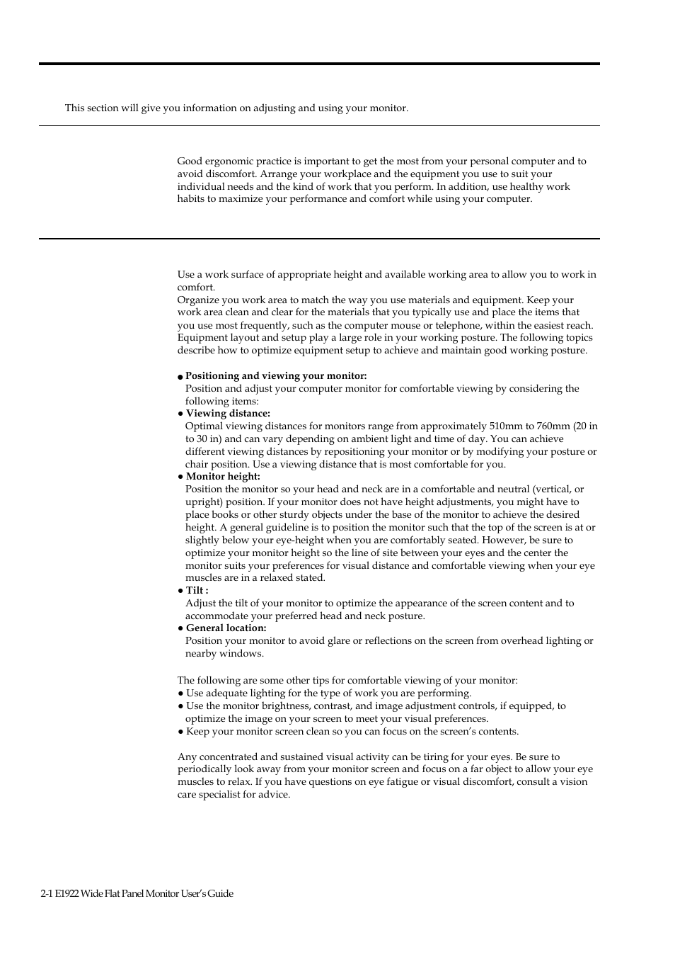 Chapter 2 adjusting and using your monitor, Comfort and accessibility, Arranging your work area | Lenovo ThinkVision E1922 18.5 inch LED Backlit LCD Monitor User Manual | Page 11 / 33