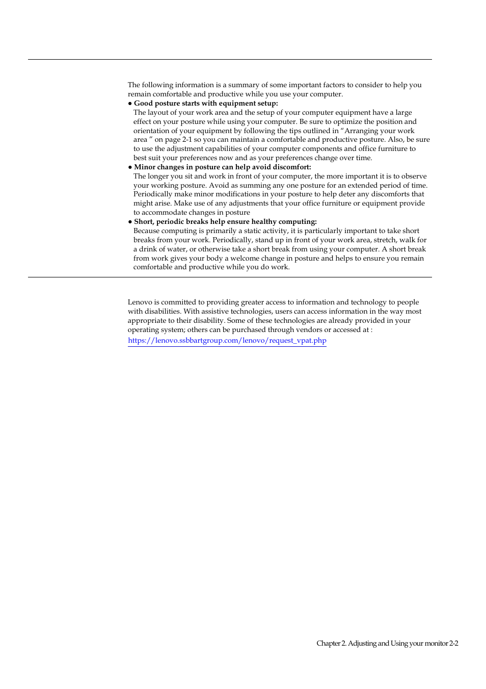 Quick tips for healthy work habits, Accessibility information | Lenovo ThinkVision E1922 18.5 inch LED Backlit LCD Monitor User Manual | Page 12 / 33