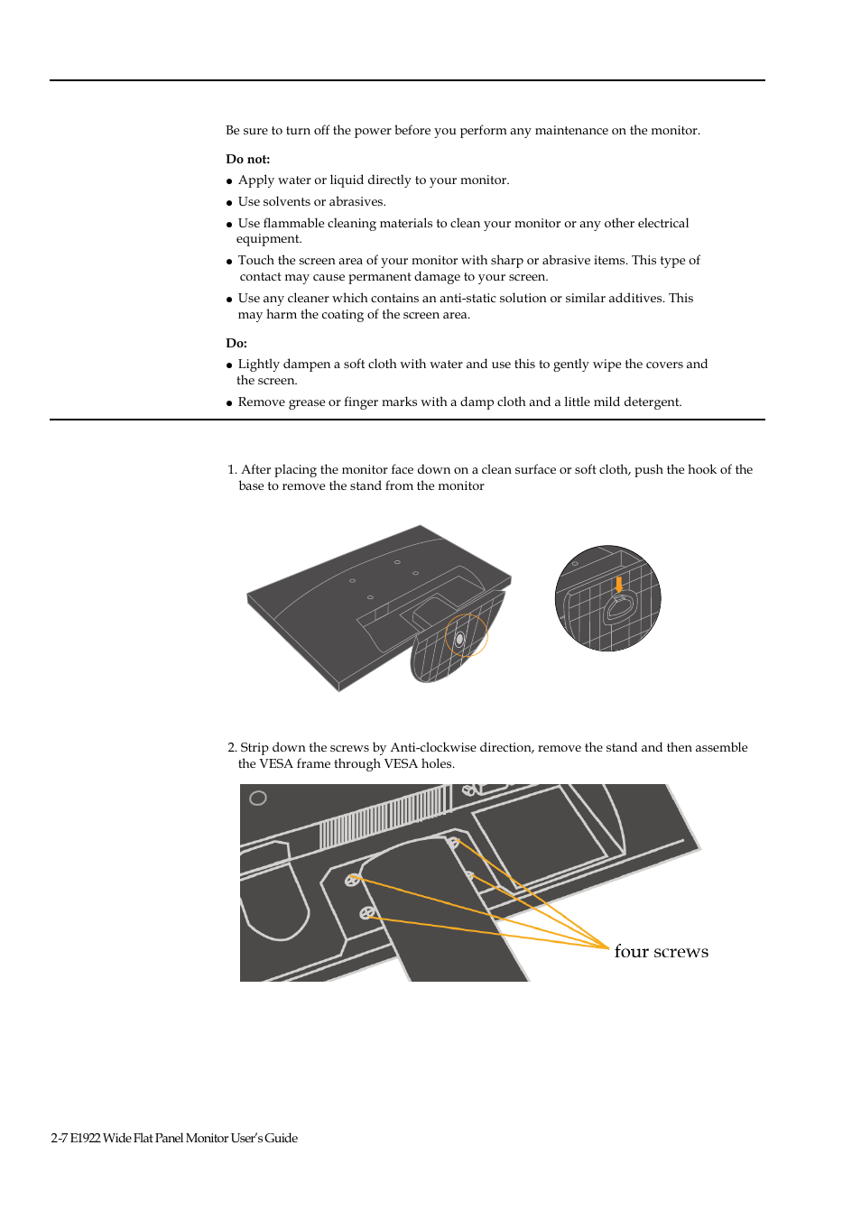 Figure, Caring for your monitor, Detaching the monitor stand | Lenovo ThinkVision E1922 18.5 inch LED Backlit LCD Monitor User Manual | Page 17 / 33