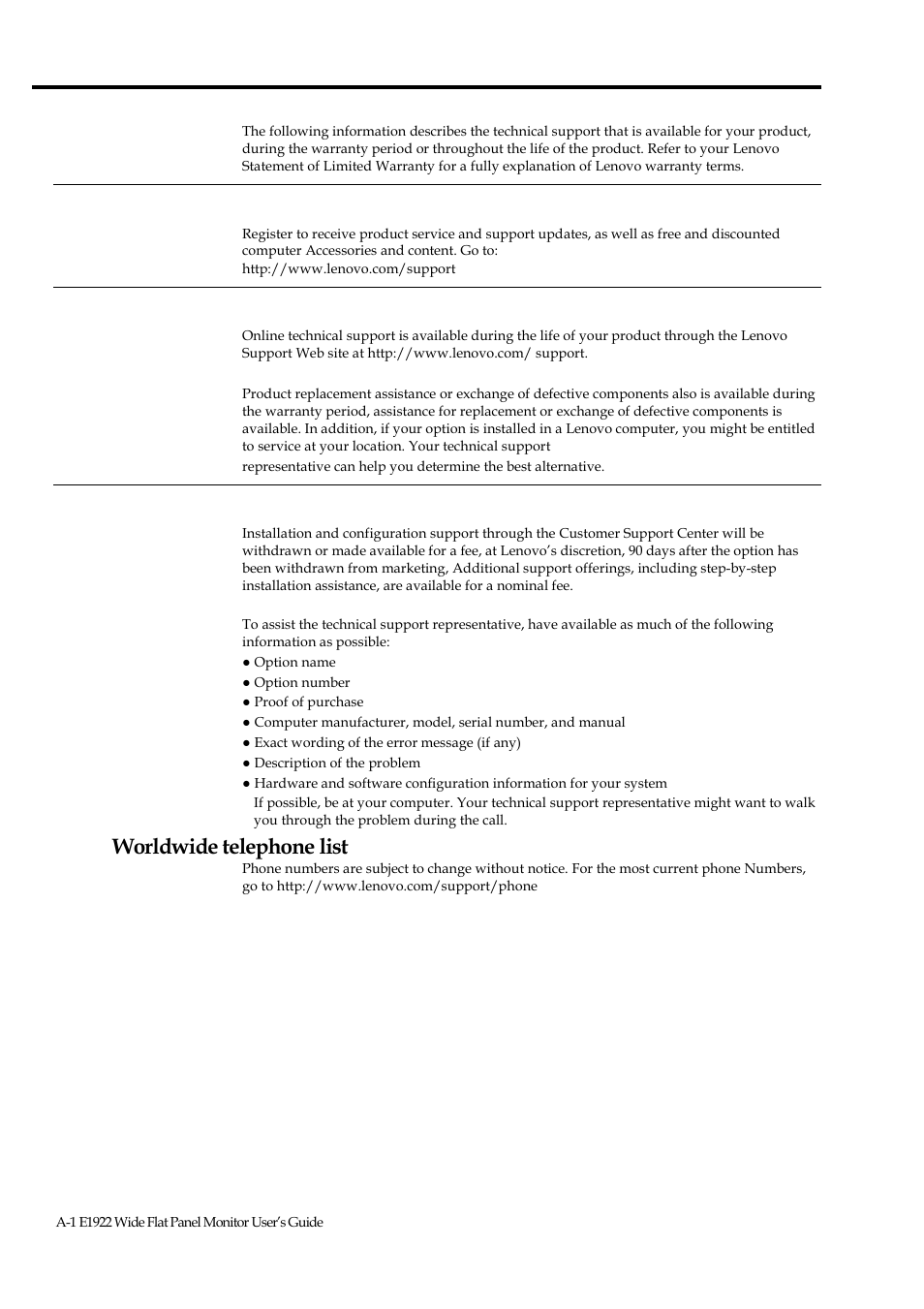 Appendix a service and support, Registering your option, Online technical support | Telephone technical support, Worldwide telephone list | Lenovo ThinkVision E1922 18.5 inch LED Backlit LCD Monitor User Manual | Page 26 / 33