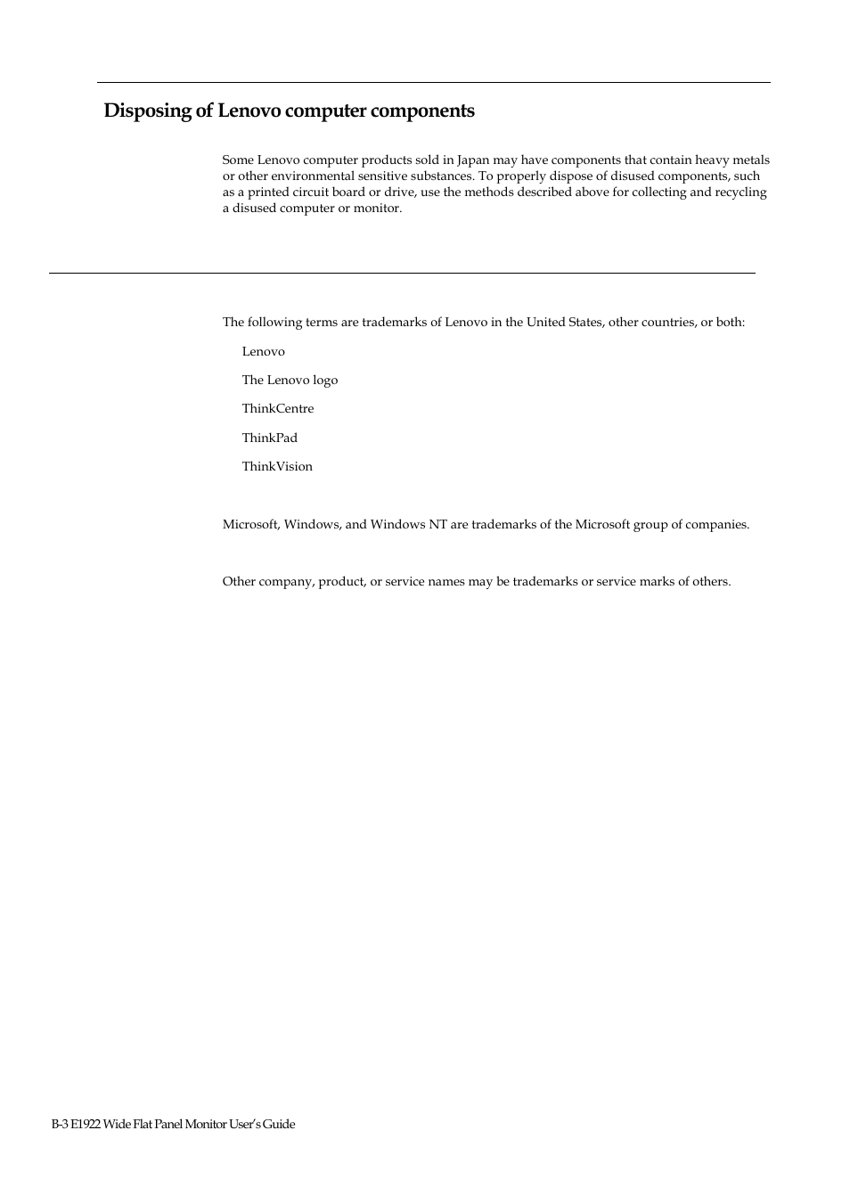 Trademarks, Disposing of lenovo computer components | Lenovo ThinkVision E1922 18.5 inch LED Backlit LCD Monitor User Manual | Page 32 / 33