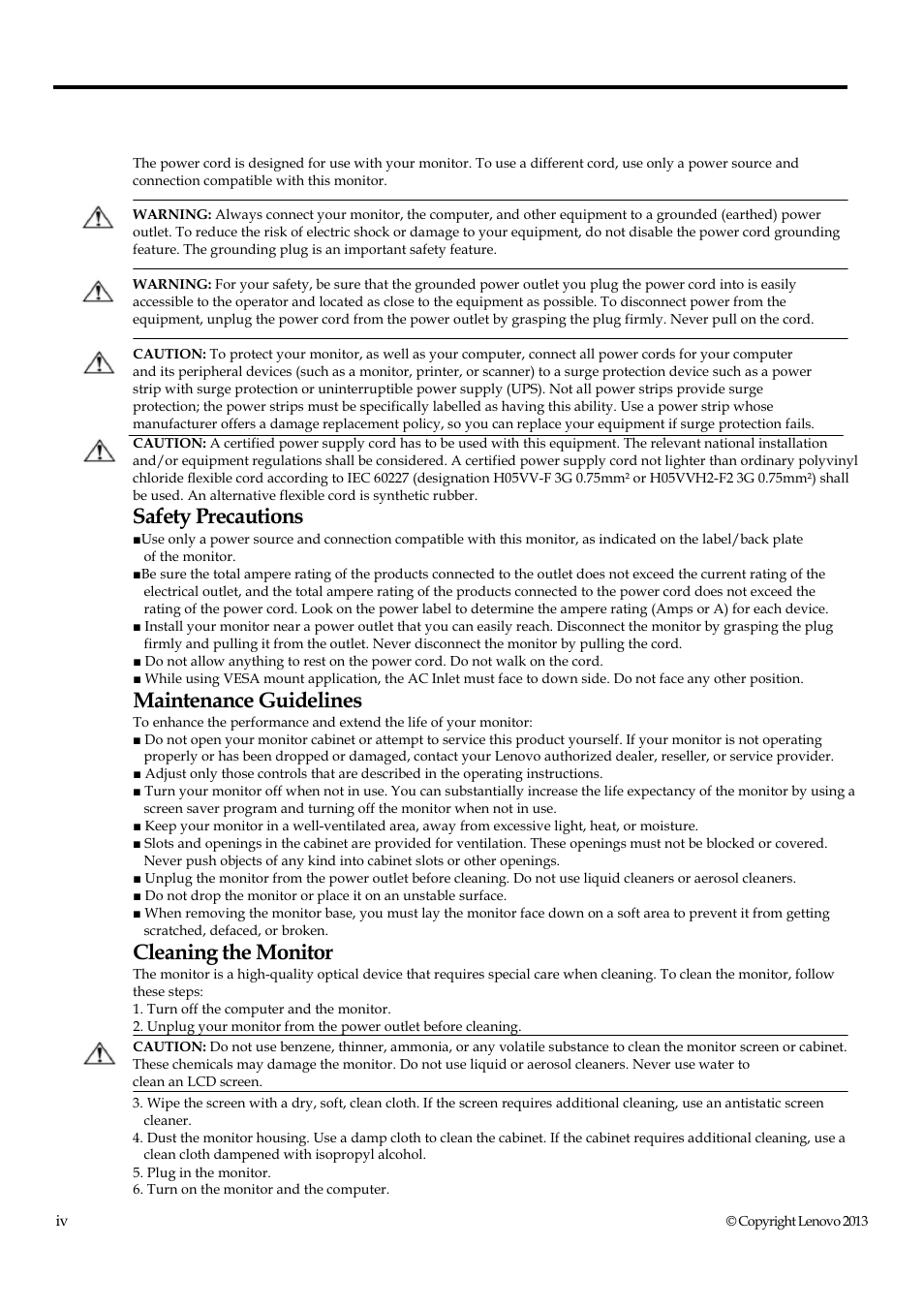 Figure, Safety and maintenance guidelines, Important safety information | Safety precautions, Maintenance guidelines, Cleaning the monitor | Lenovo ThinkVision E1922 18.5 inch LED Backlit LCD Monitor User Manual | Page 5 / 33