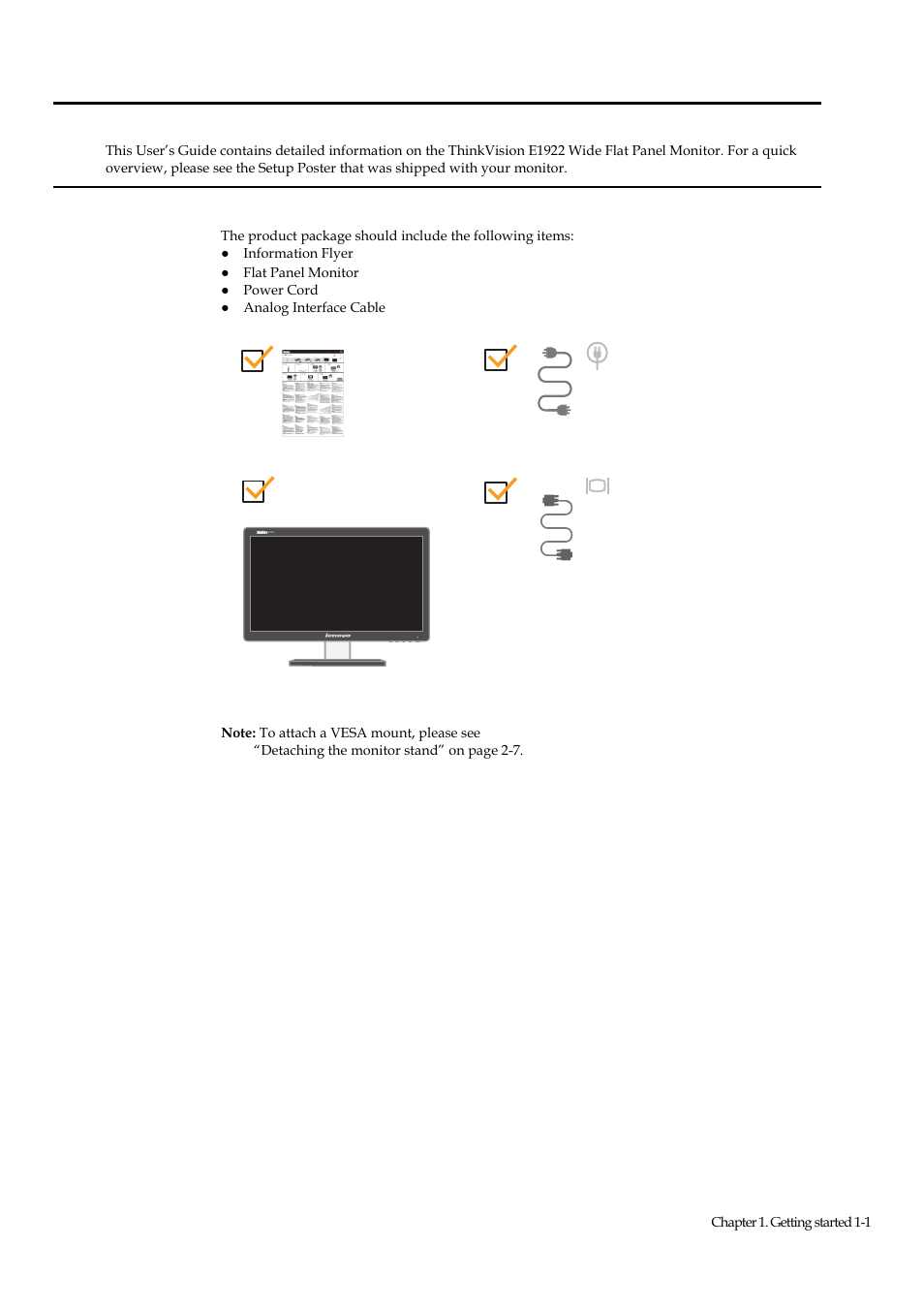 E1922, Chapter 1 getting started, Shipping contents | Lenovo ThinkVision E1922 18.5 inch LED Backlit LCD Monitor User Manual | Page 6 / 33