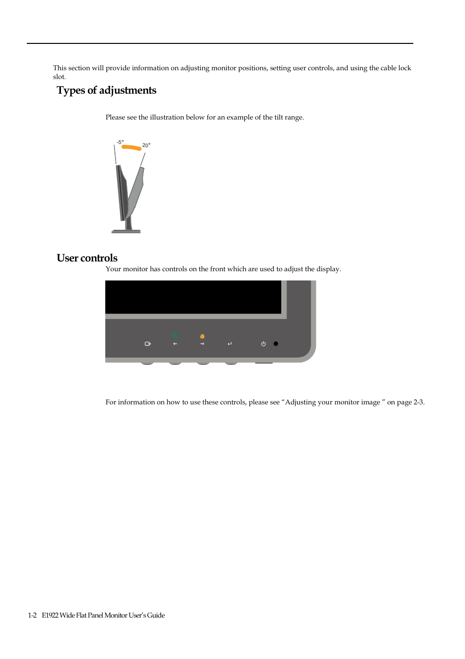 Product overview, Types of adjustments, User controls | Lenovo ThinkVision E1922 18.5 inch LED Backlit LCD Monitor User Manual | Page 7 / 33