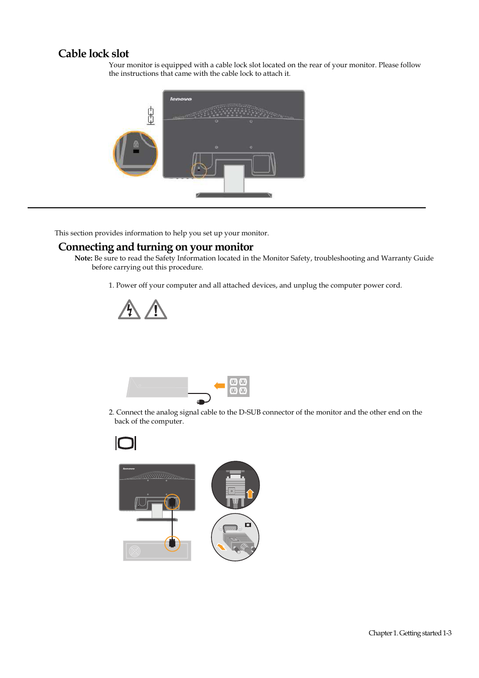 Setting up your monitor, Connecting and turning on your monitor, Cable lock slot | Lenovo ThinkVision E1922 18.5 inch LED Backlit LCD Monitor User Manual | Page 8 / 33