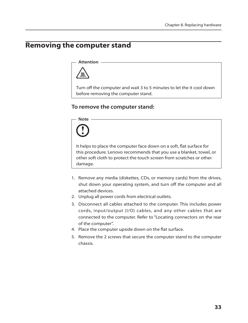 Removing the computer stand | Lenovo C205 All-In-One User Manual | Page 35 / 60
