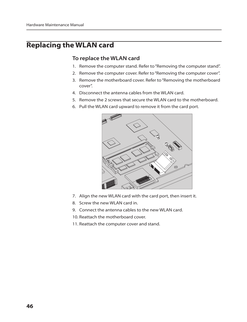 Replacing the wlan card | Lenovo C205 All-In-One User Manual | Page 48 / 60