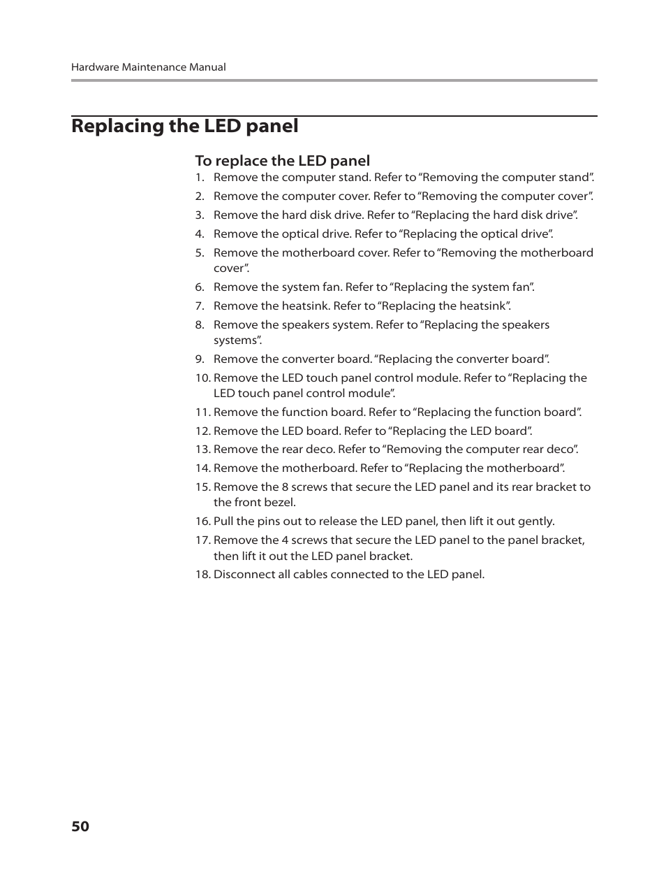 Replacing the led panel | Lenovo C205 All-In-One User Manual | Page 52 / 60