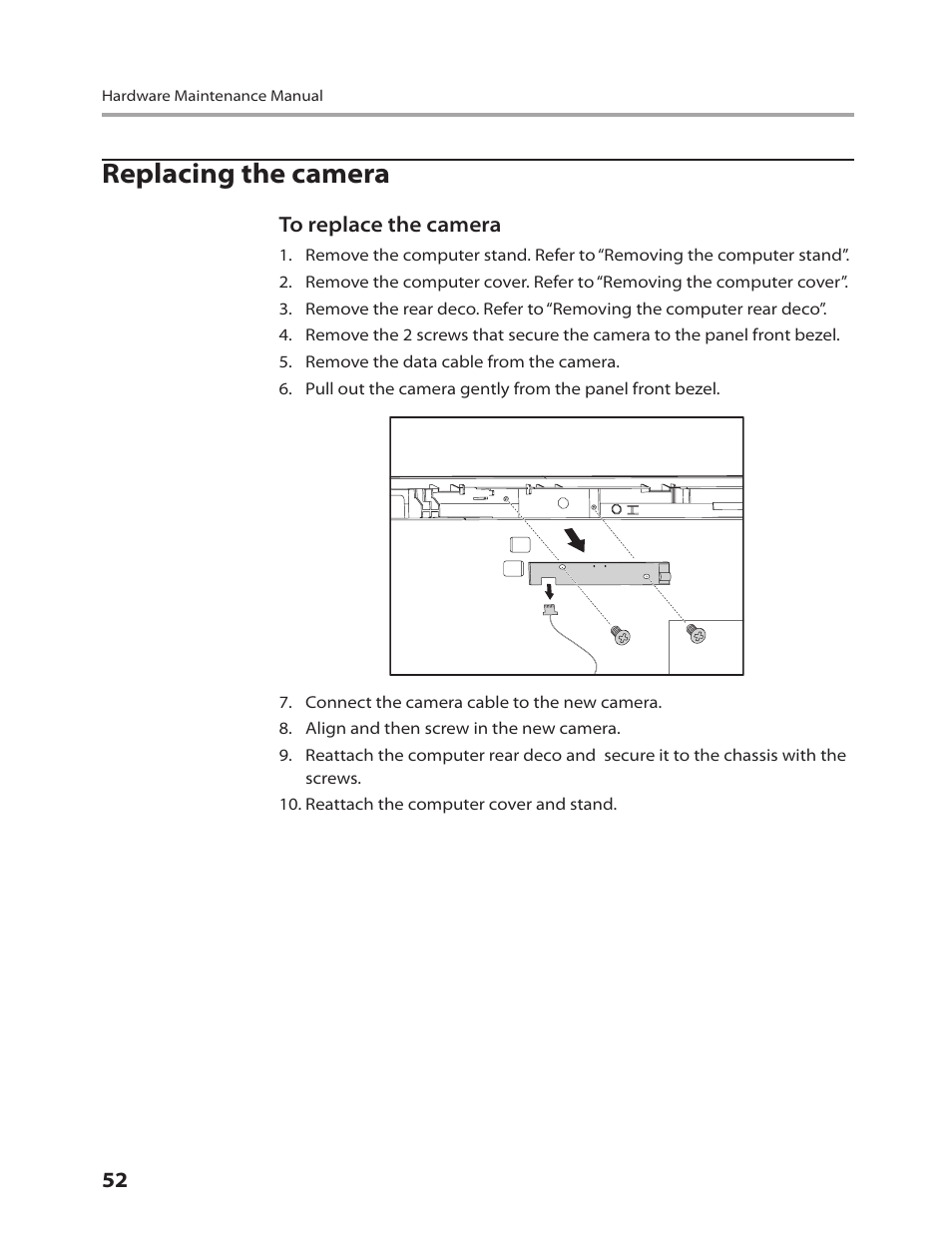 Replacing the camera | Lenovo C205 All-In-One User Manual | Page 54 / 60