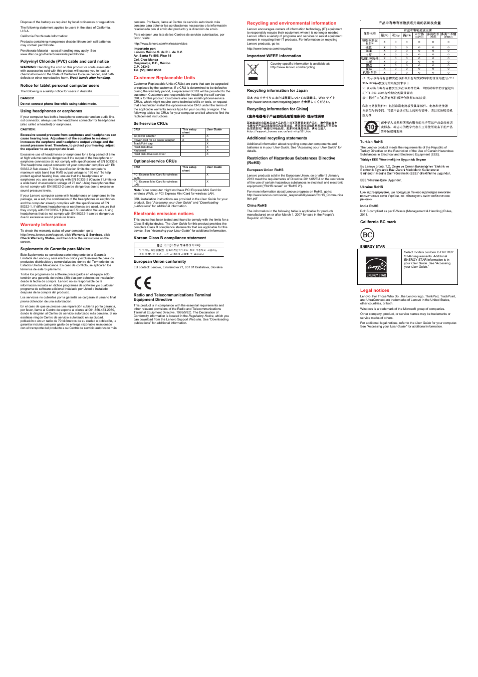 Polyvinyl chloride (pvc) cable and cord notice, Using headphones or earphones, Warranty information | Suplemento de garantía para méxico, Customer replaceable units, Self-service crus, Optional-service crus, Electronic emission notices, Korean class b compliance statement, European union conformity | Lenovo ThinkPad Twist S230u User Manual | Page 2 / 2
