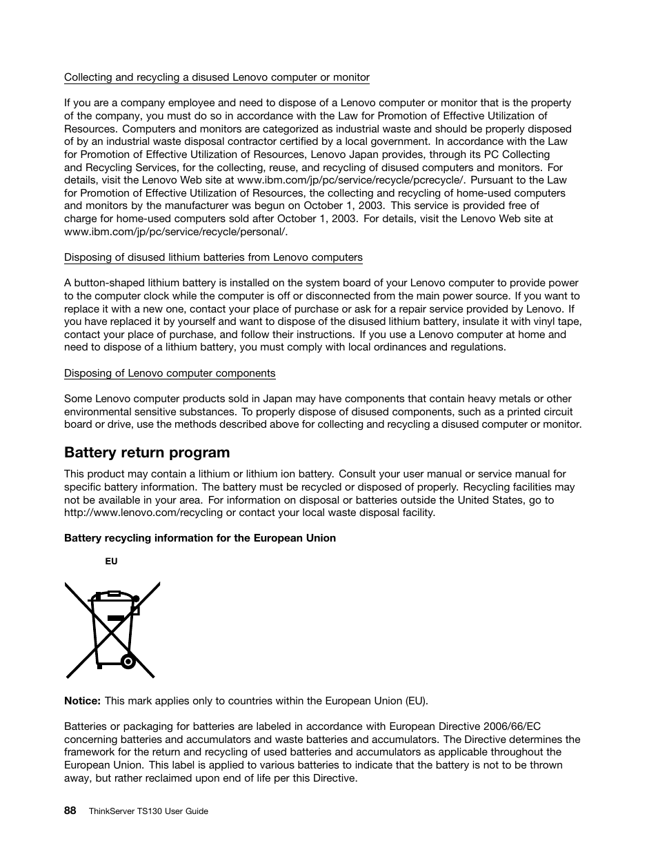 Battery return program | Lenovo ThinkServer TS130 User Manual | Page 100 / 118