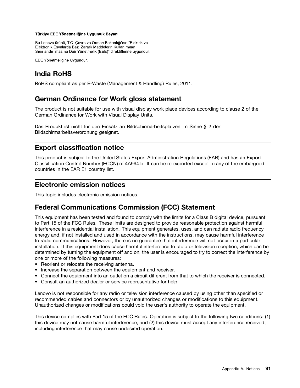 India rohs, German ordinance for work gloss statement, Export classification notice | Electronic emission notices, Federal communications commission (fcc) statement | Lenovo ThinkServer TS130 User Manual | Page 103 / 118